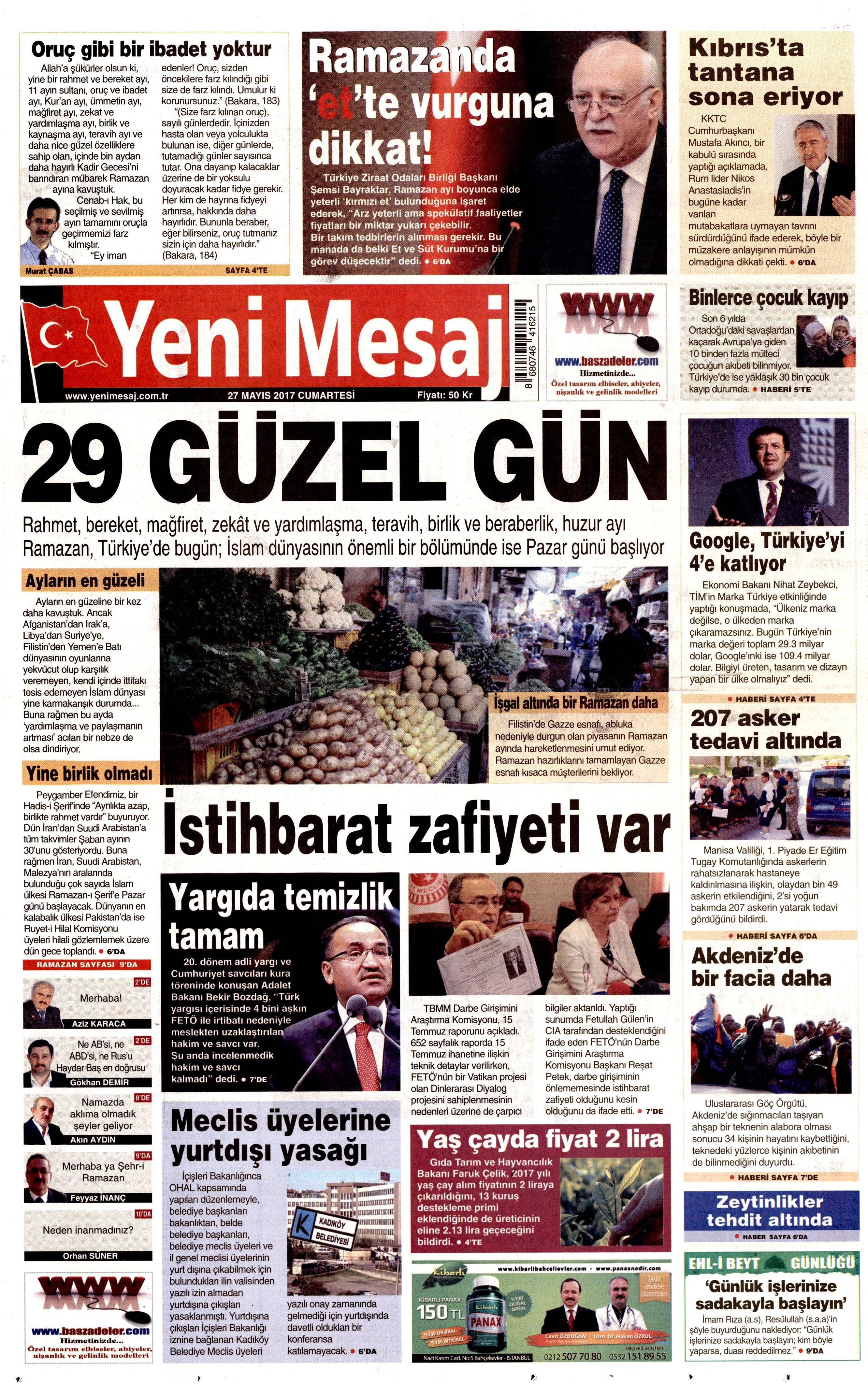 27 Mayıs 2017 Cumartesi gazete manşetleri - 26