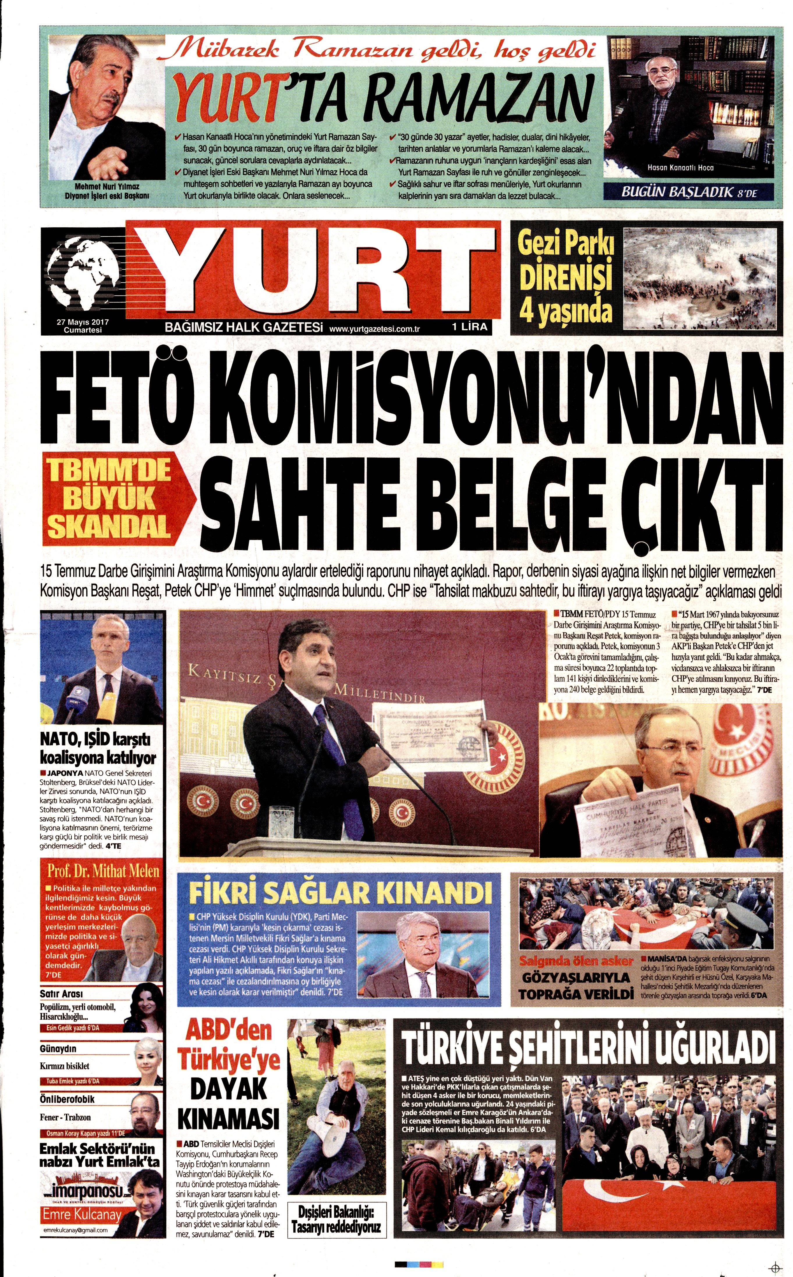 27 Mayıs 2017 Cumartesi gazete manşetleri - 29