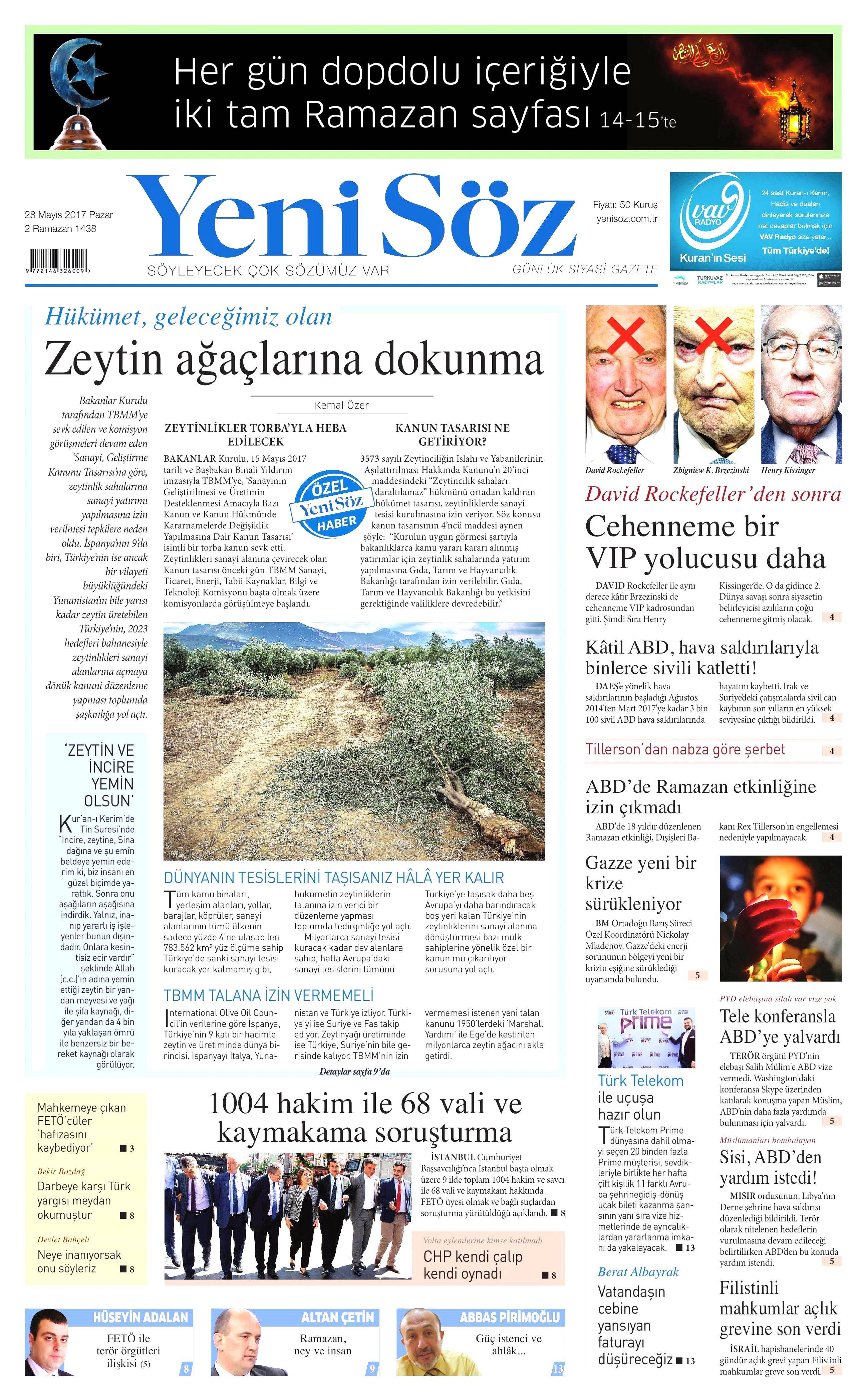 28 Mayıs 2017 Pazar gazete manşetleri - 27