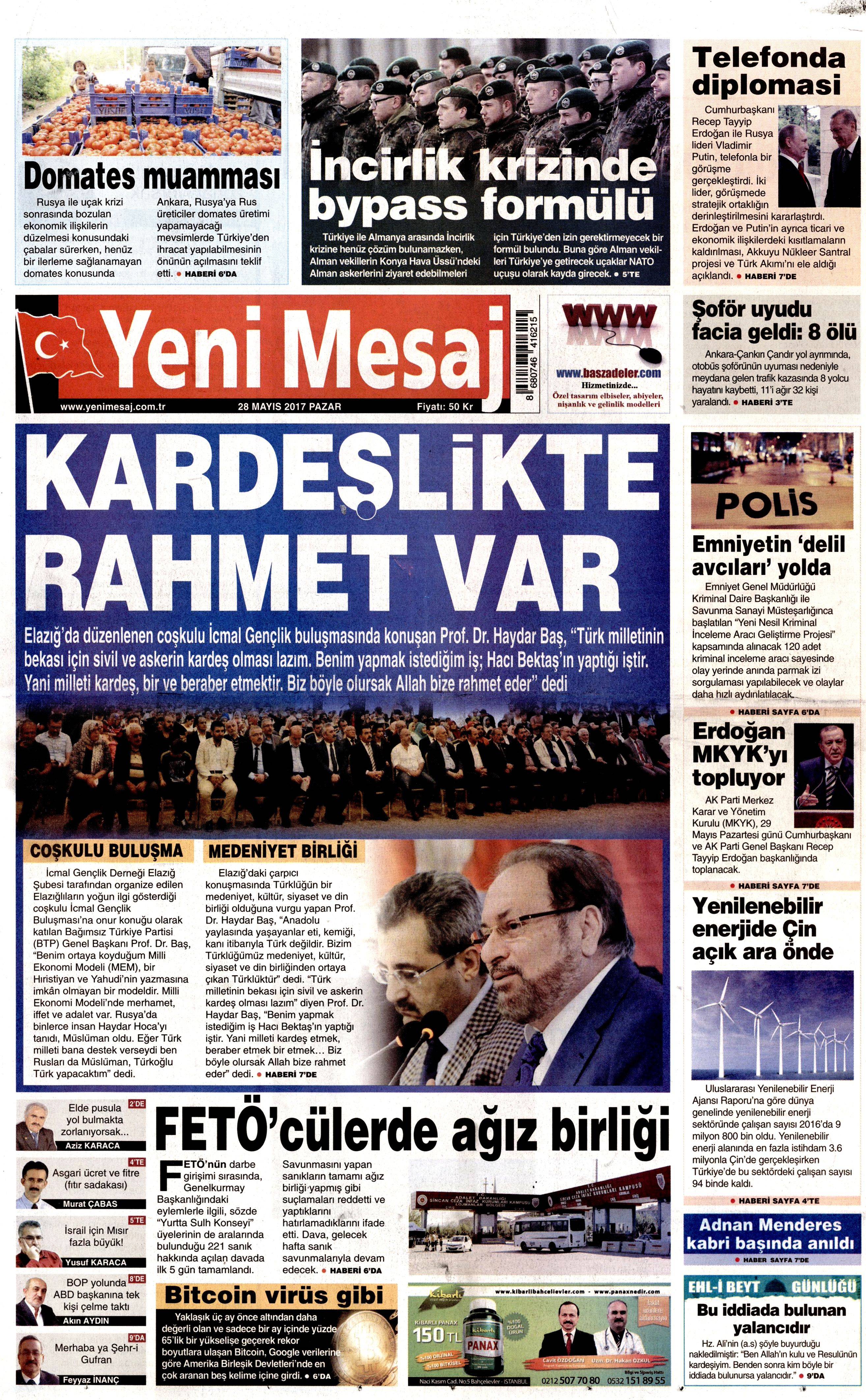 28 Mayıs 2017 Pazar gazete manşetleri - 28