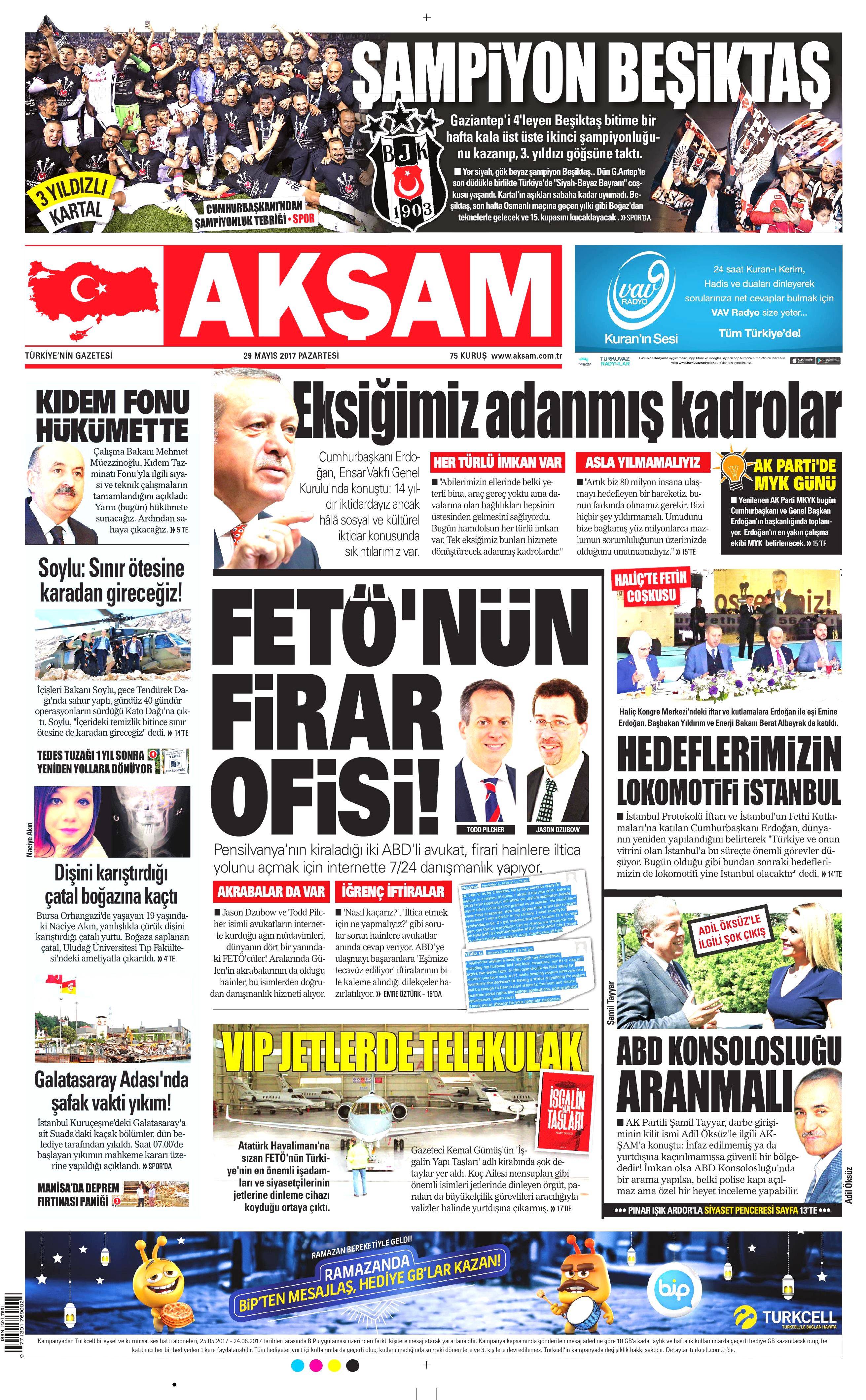 29 Mayıs 2017 Pazartesi gazete manşetleri - 1