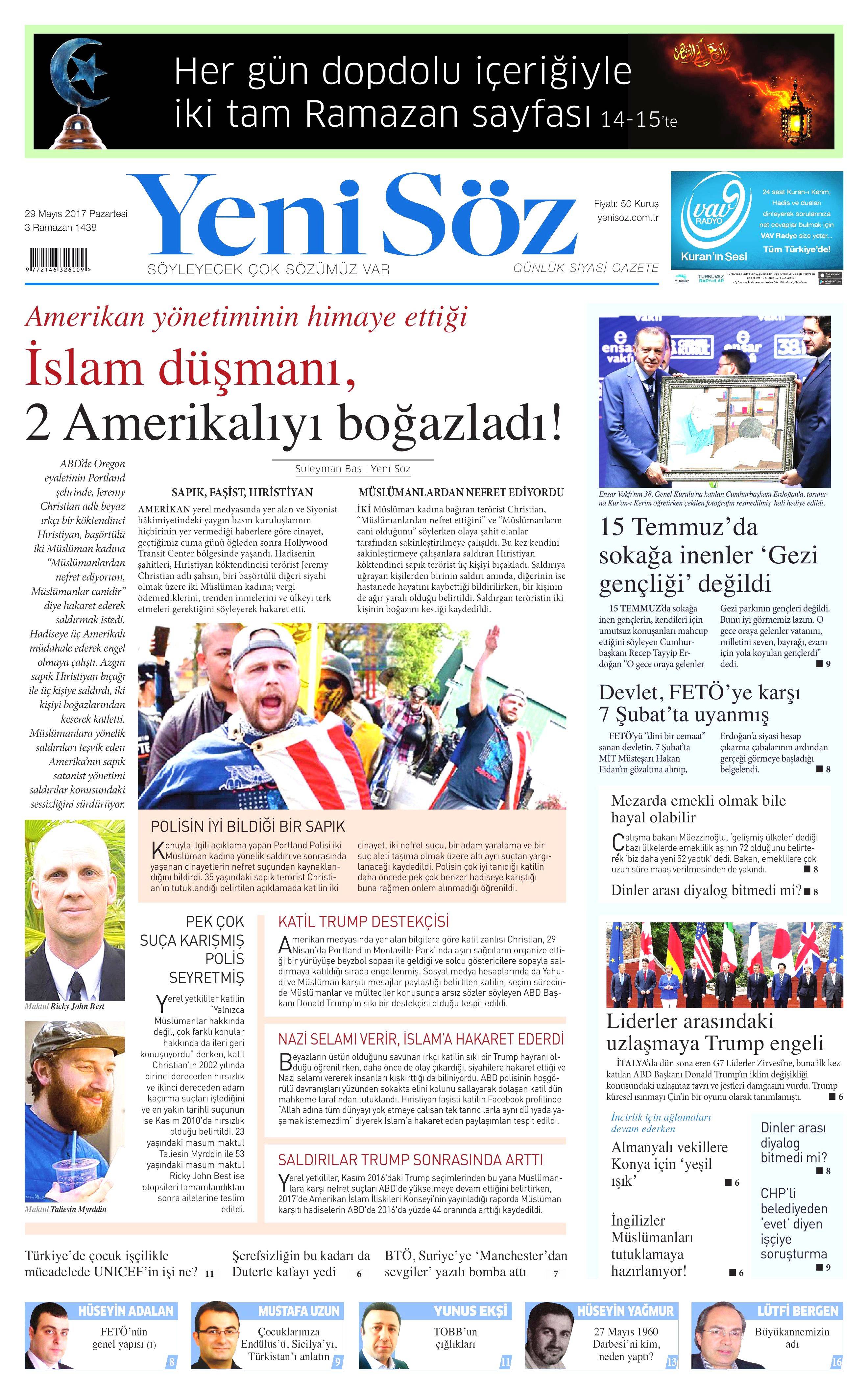 29 Mayıs 2017 Pazartesi gazete manşetleri - 29