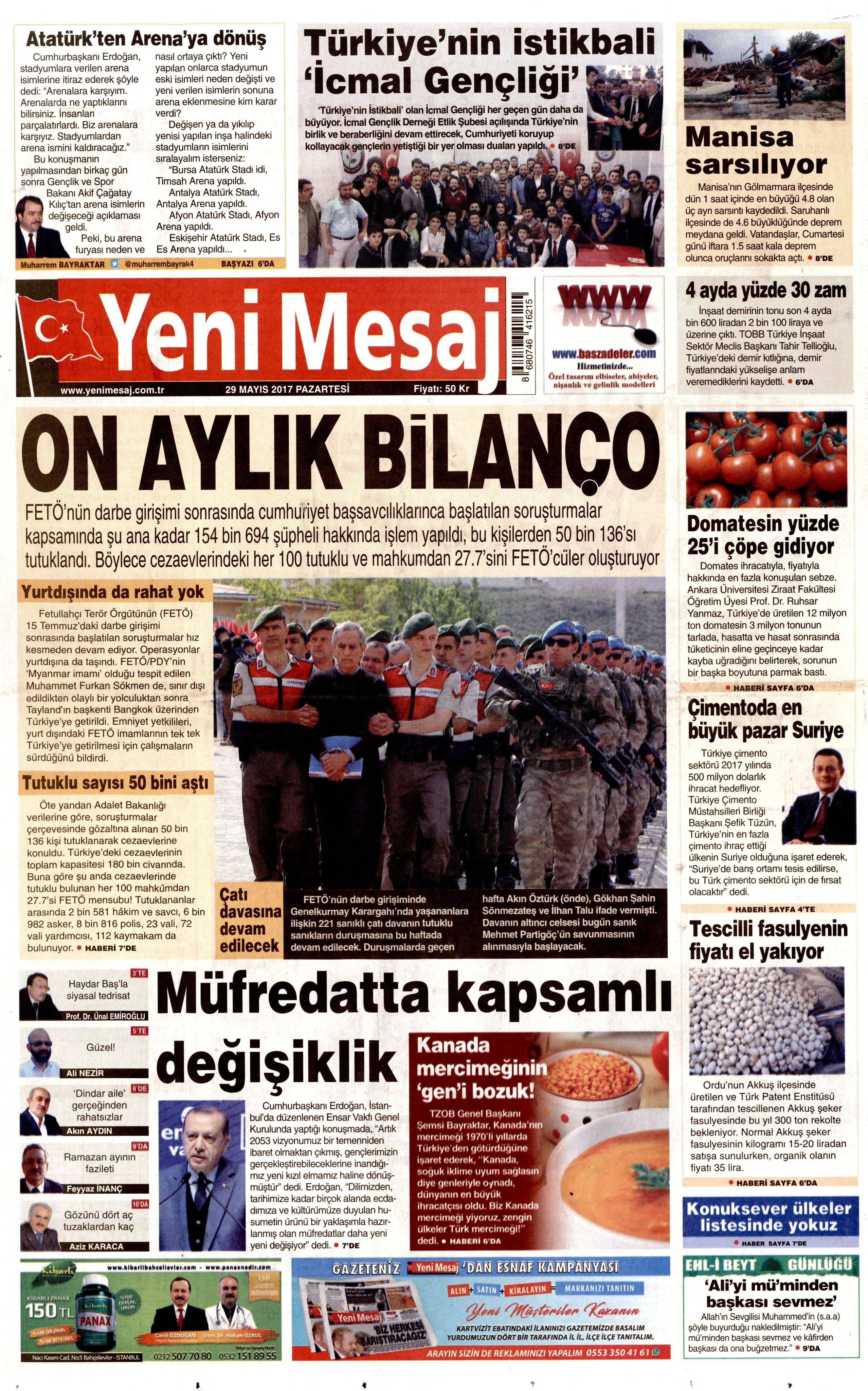 29 Mayıs 2017 Pazartesi gazete manşetleri - 28