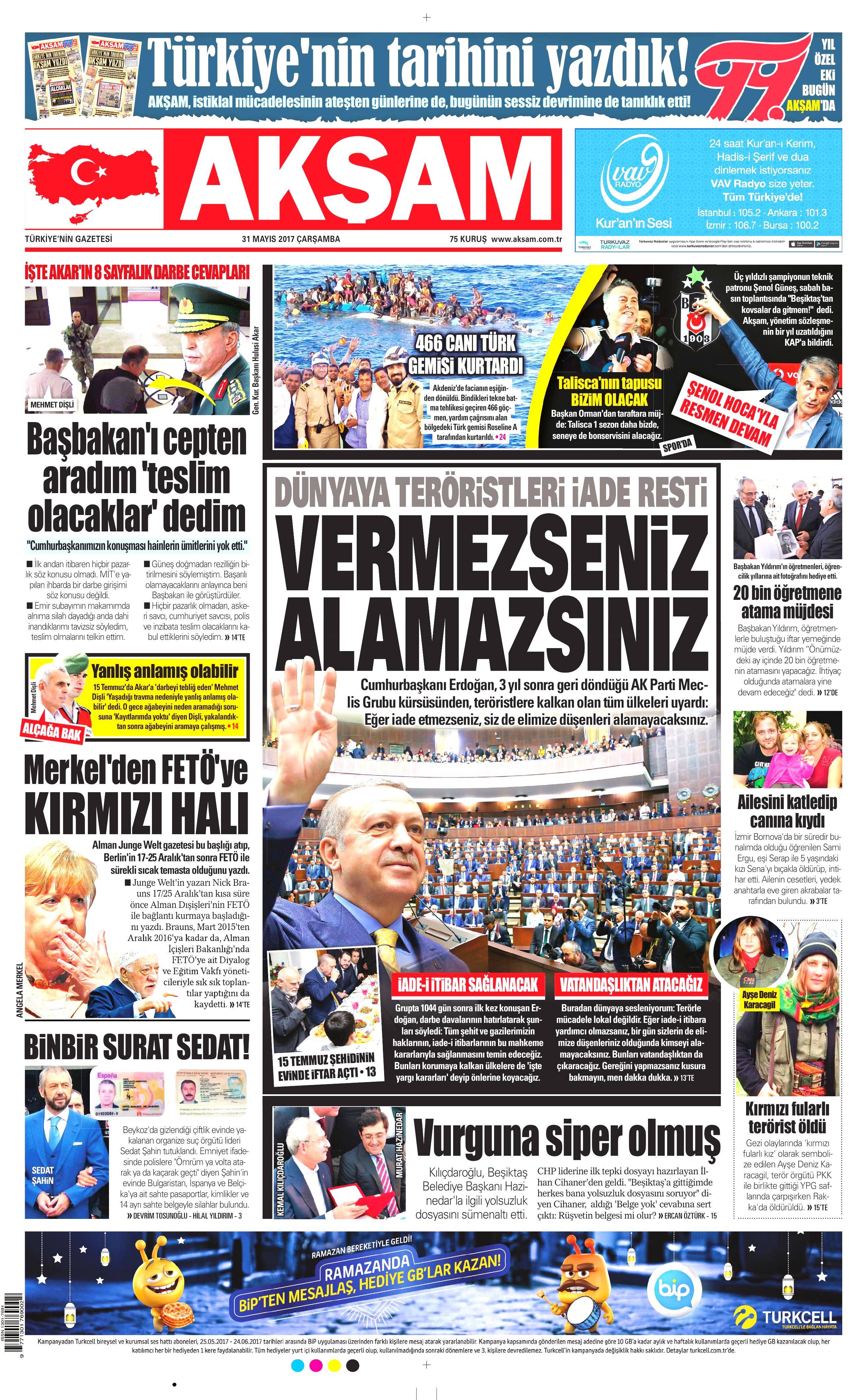 31 Mayıs 2017 Çarşamba gazete manşetleri - 1