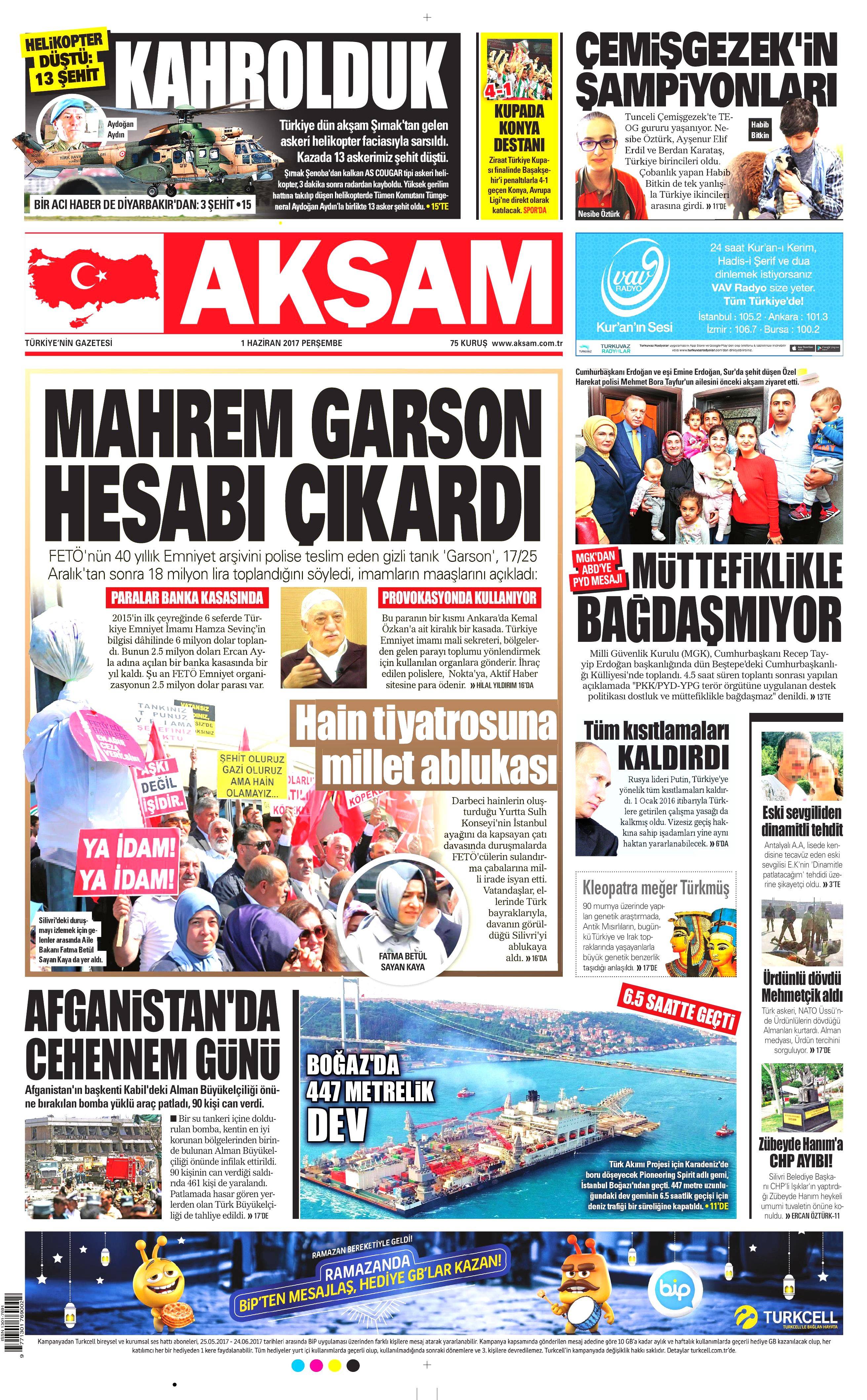 1 Haziran 2017 Perşembe gazete manşetleri - 1