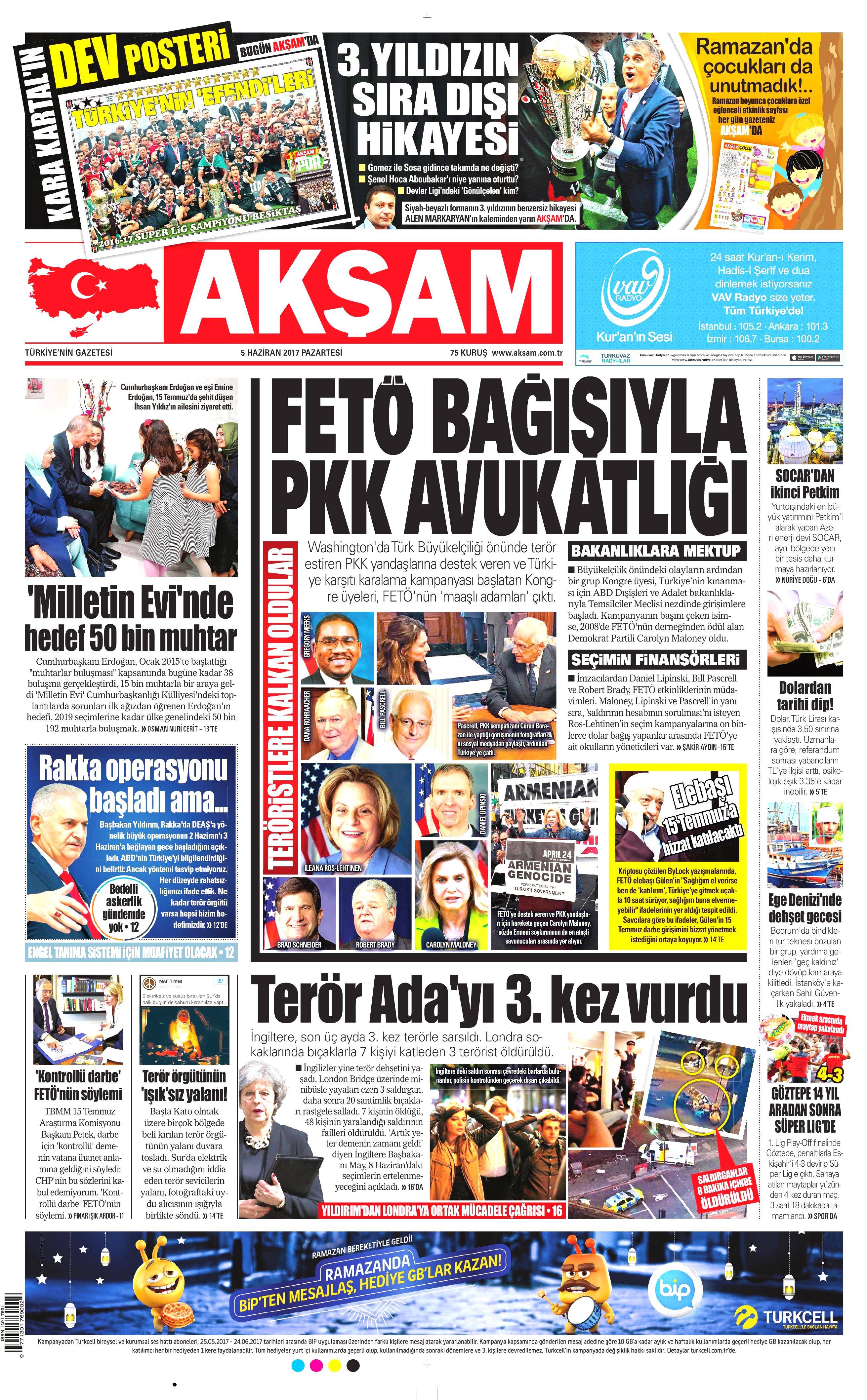 5 Haziran 2017 Pazartesi gazete manşetleri - 1