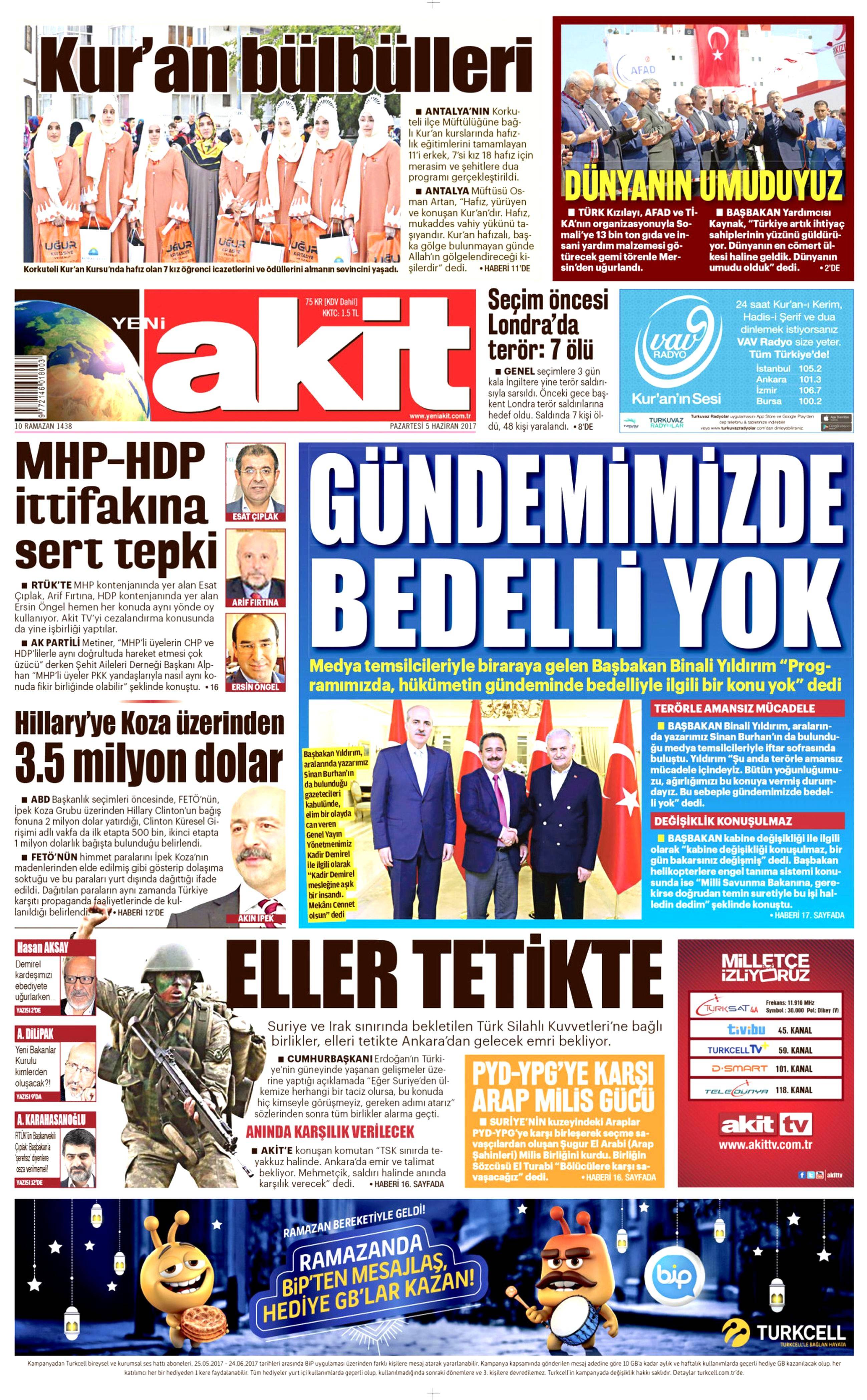 5 Haziran 2017 Pazartesi gazete manşetleri - 2