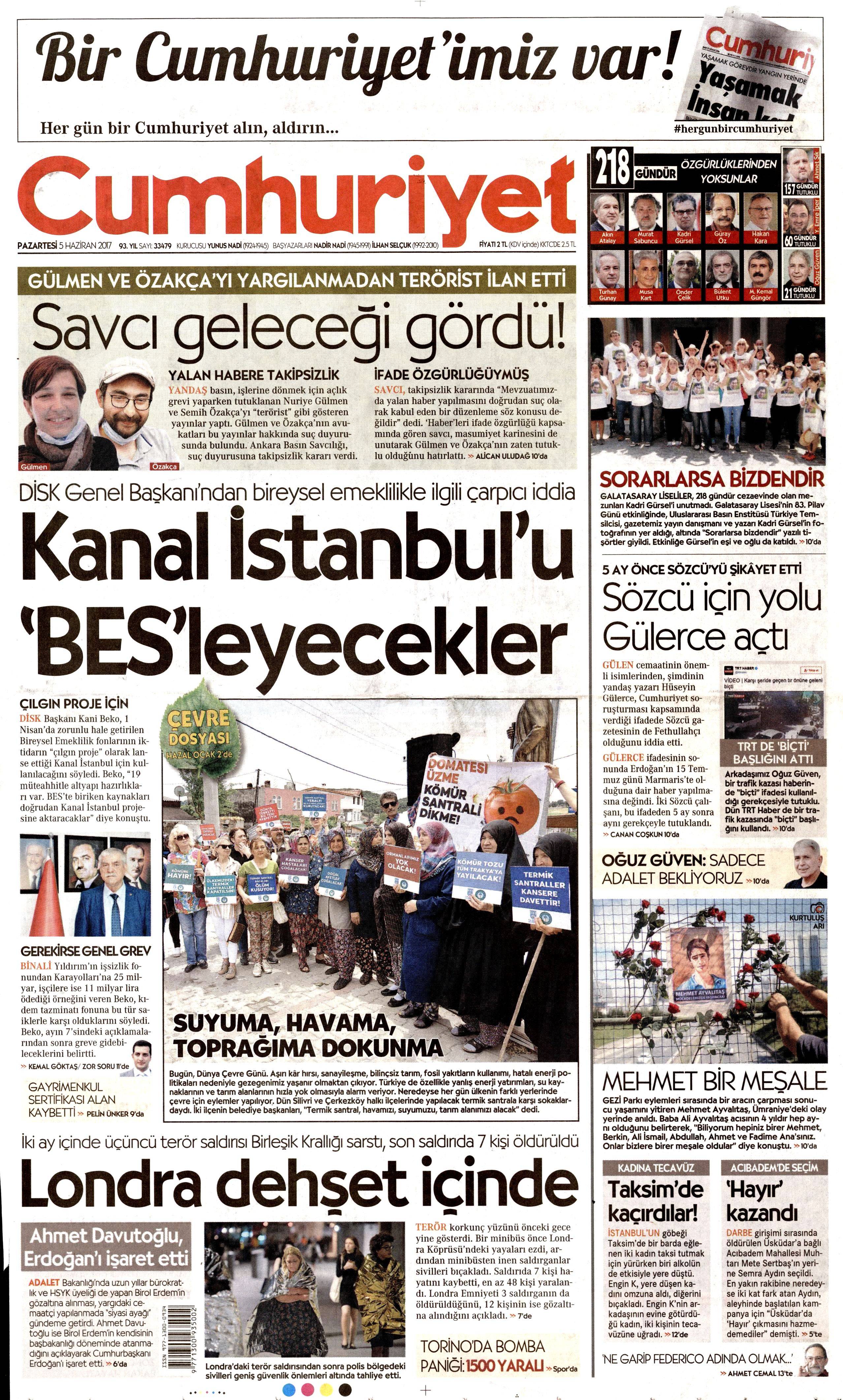 5 Haziran 2017 Pazartesi gazete manşetleri - 5