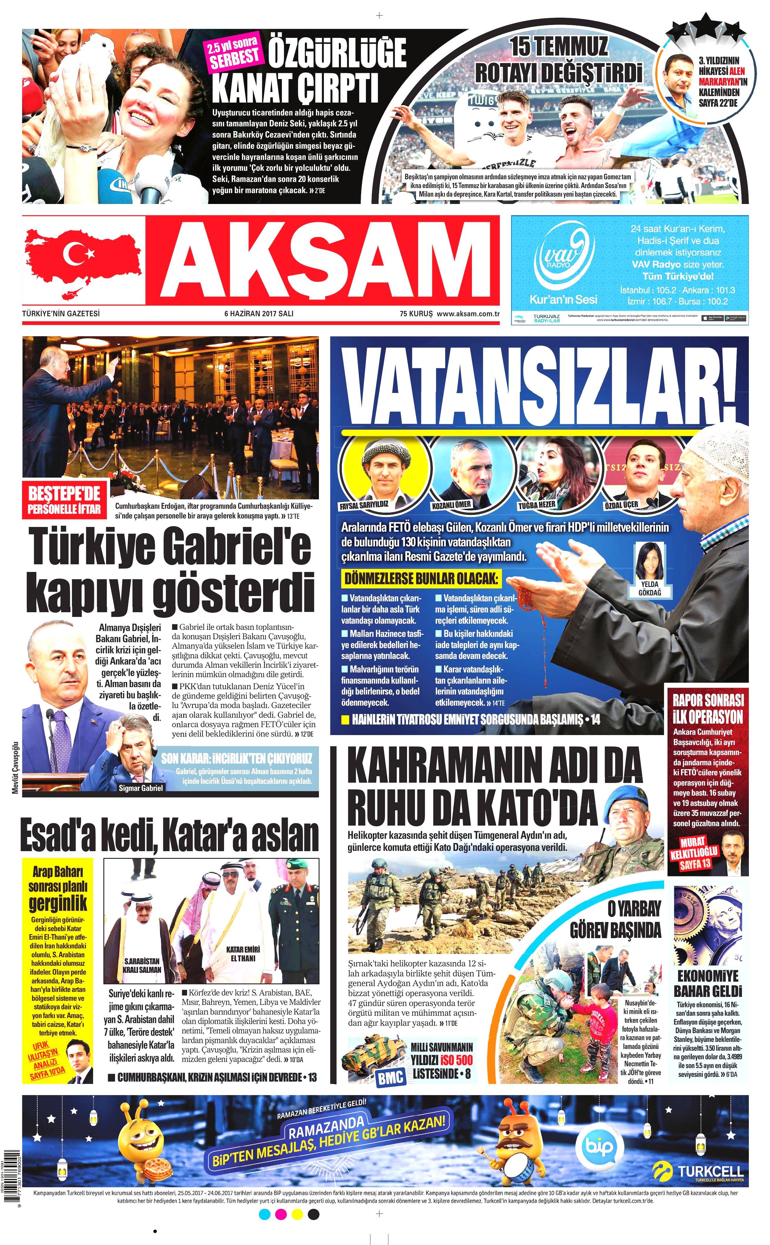 6 Haziran 2017 Salı gazete manşetleri - 1