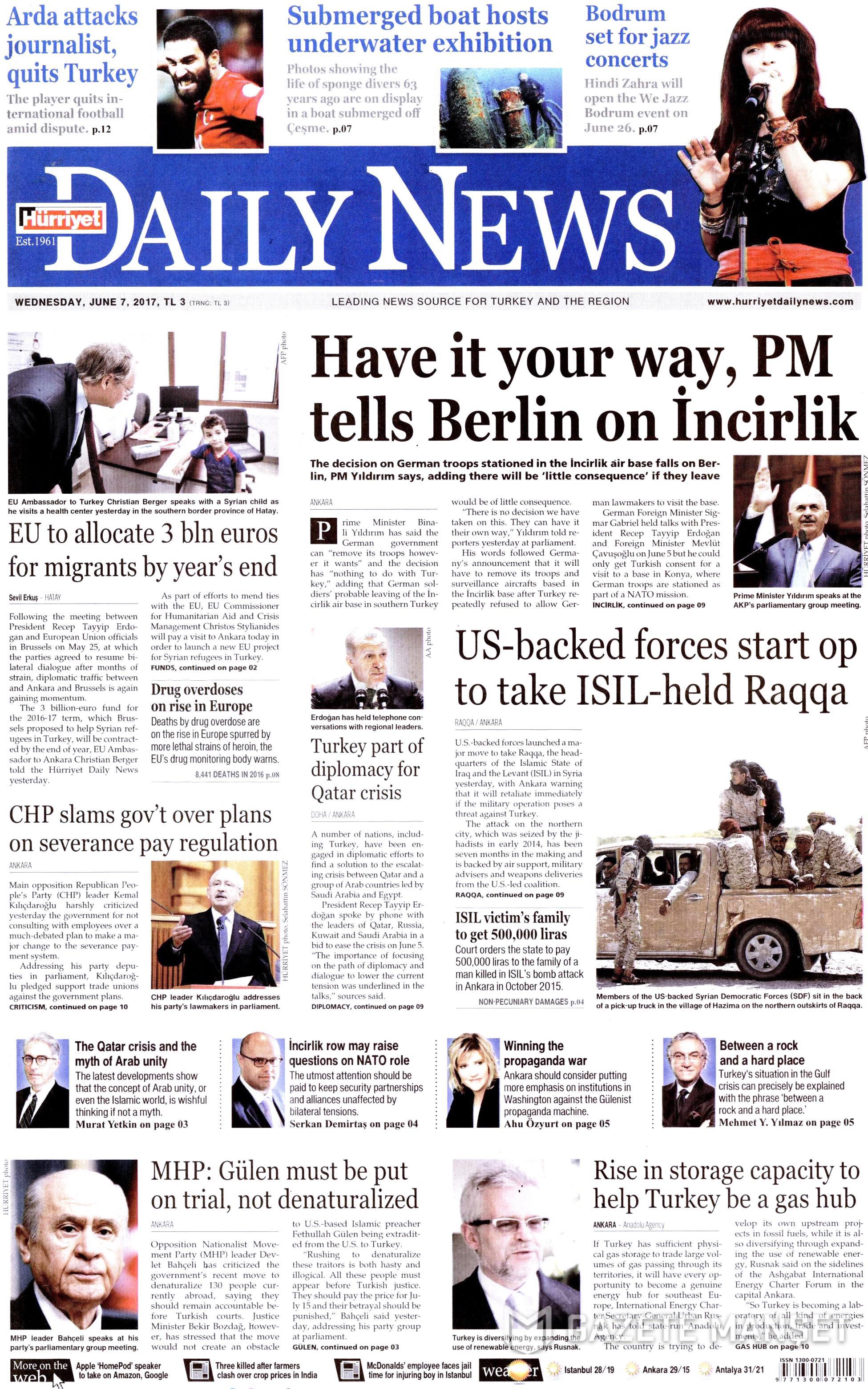 7 Haziran 2017 Çarşamba gazete manşetleri - 7