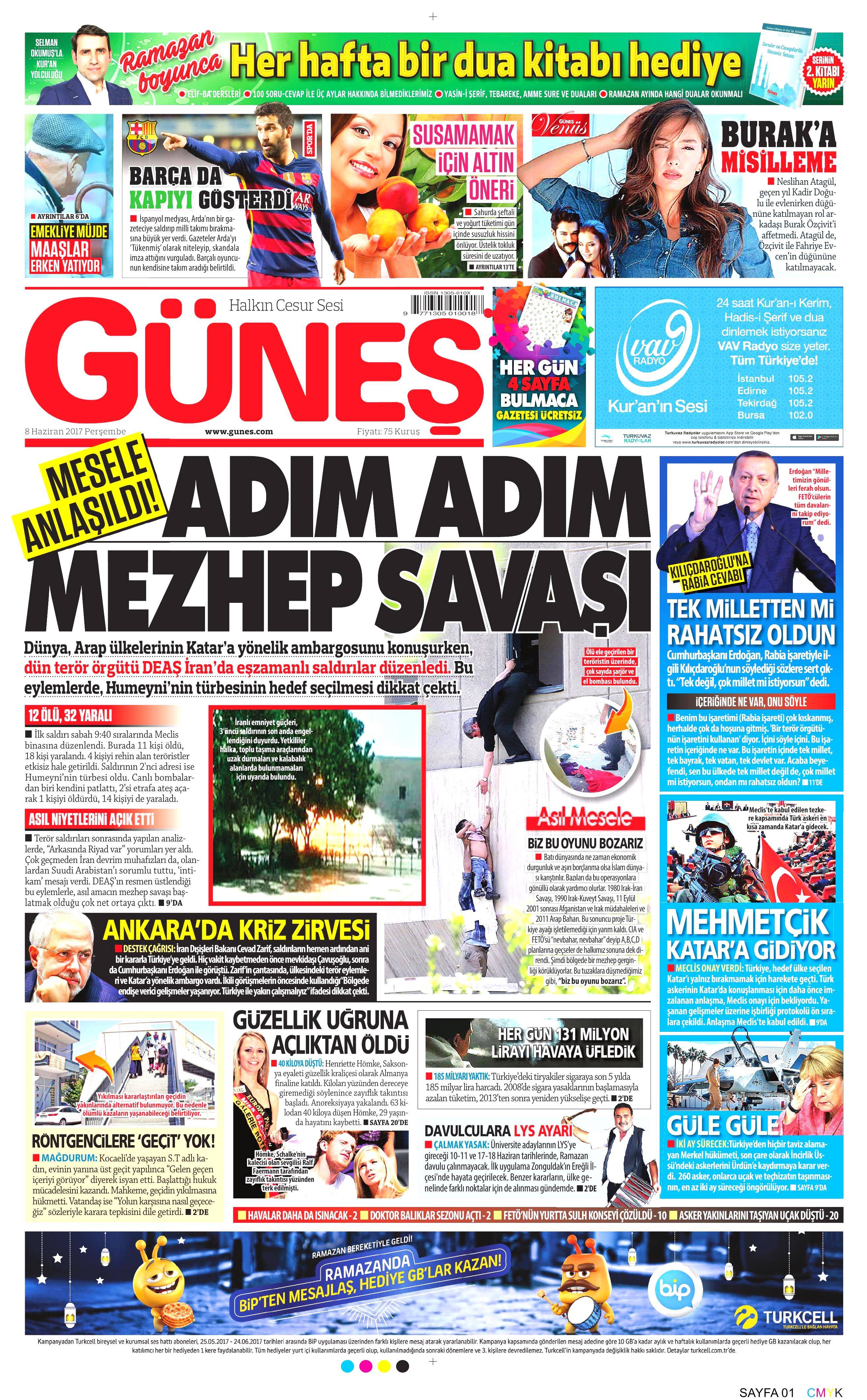 8 Haziran 2017 Perşembe gazete manşetleri - 8