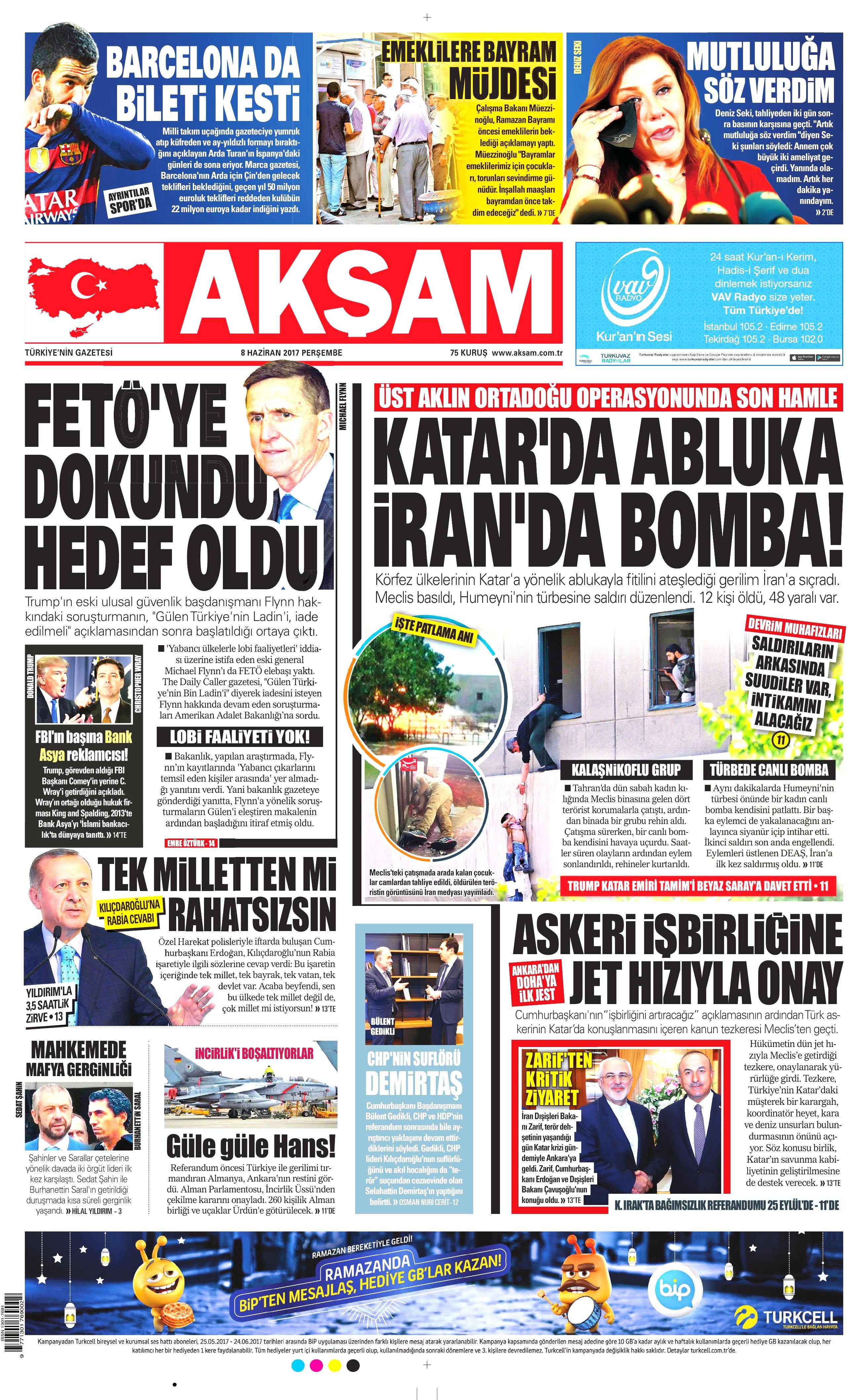 8 Haziran 2017 Perşembe gazete manşetleri - 1