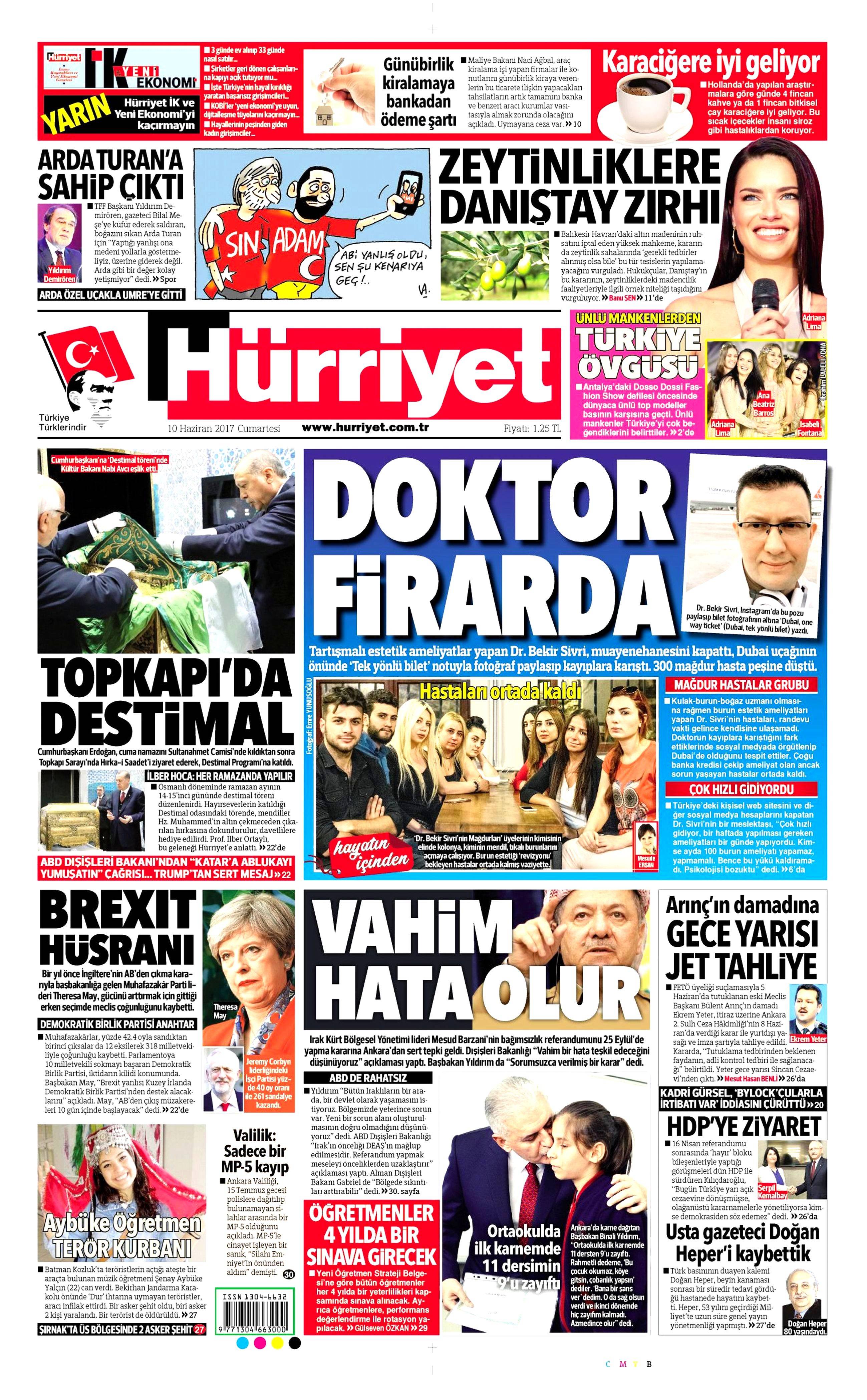 10 Haziran 2017 Cumartesi gazete manşetleri - 10