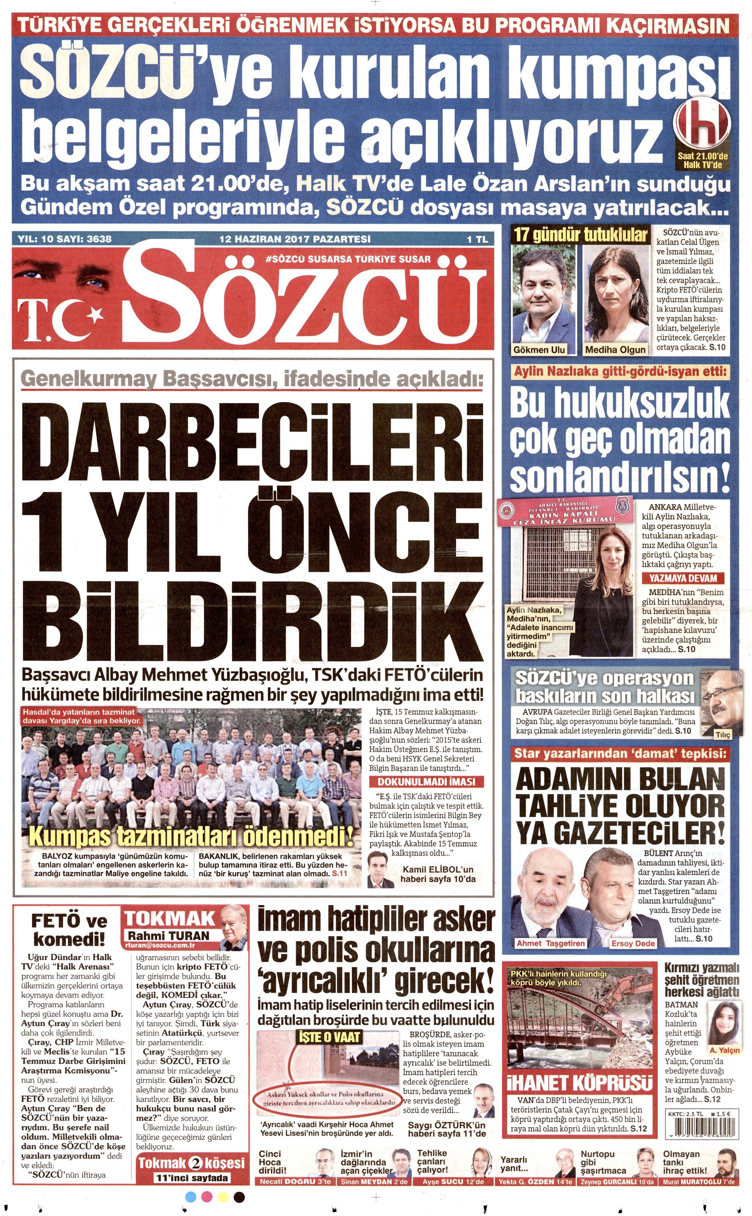 12 Haziran 2017 Pazartesi gazete manşetleri - 20