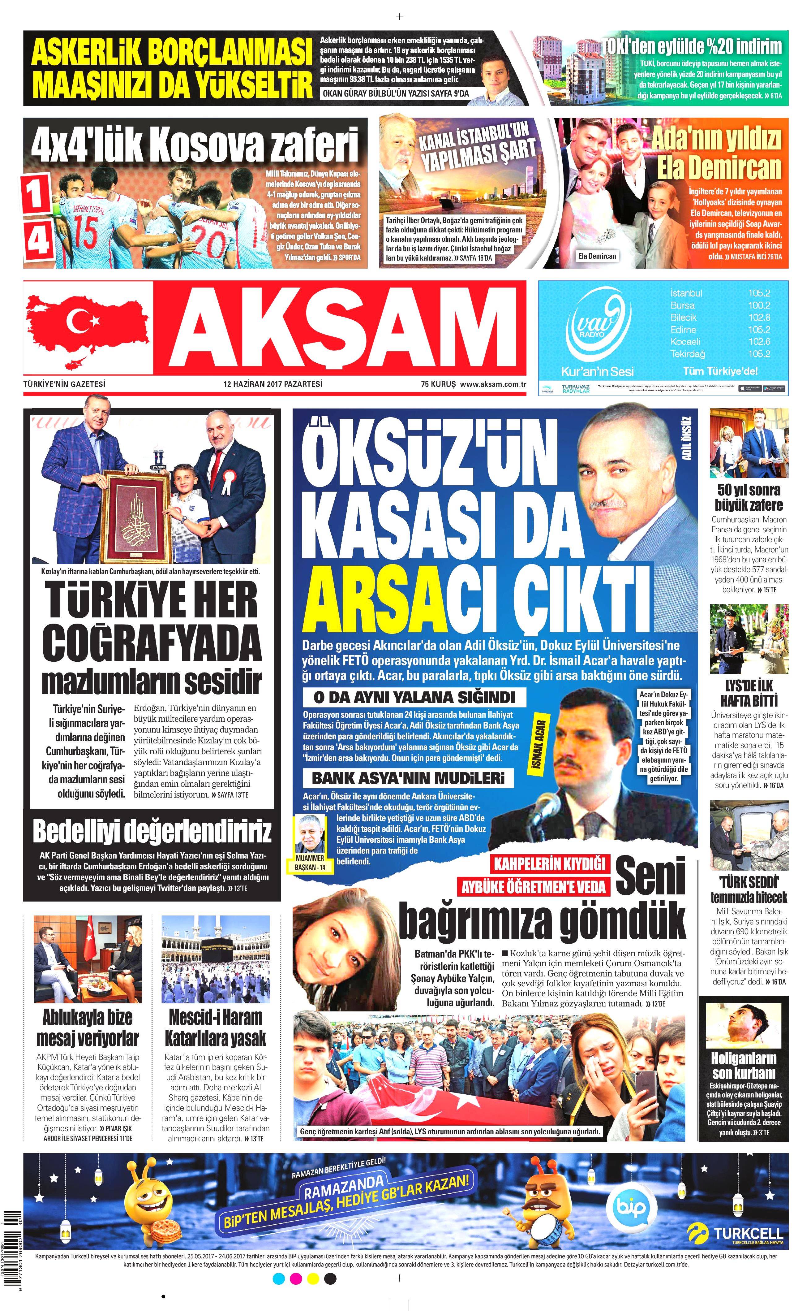 12 Haziran 2017 Pazartesi gazete manşetleri - 1