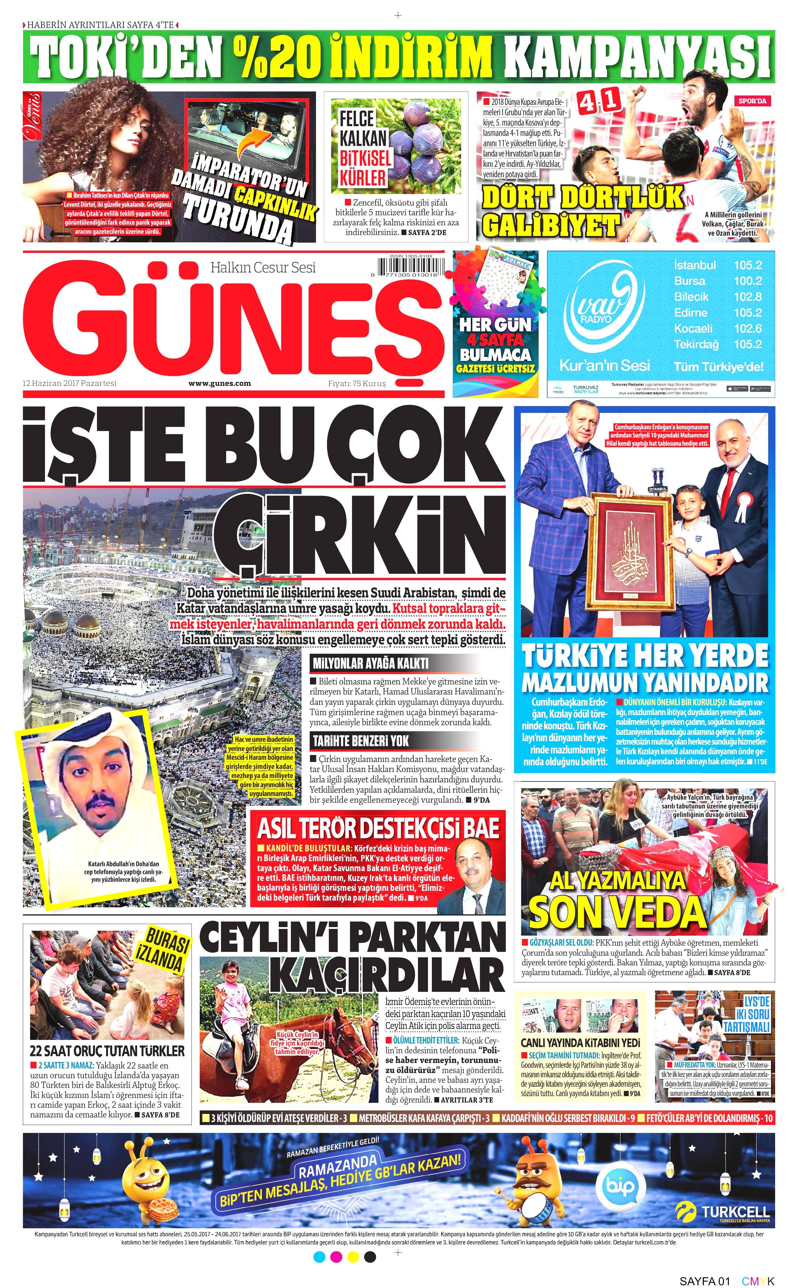 12 Haziran 2017 Pazartesi gazete manşetleri - 8