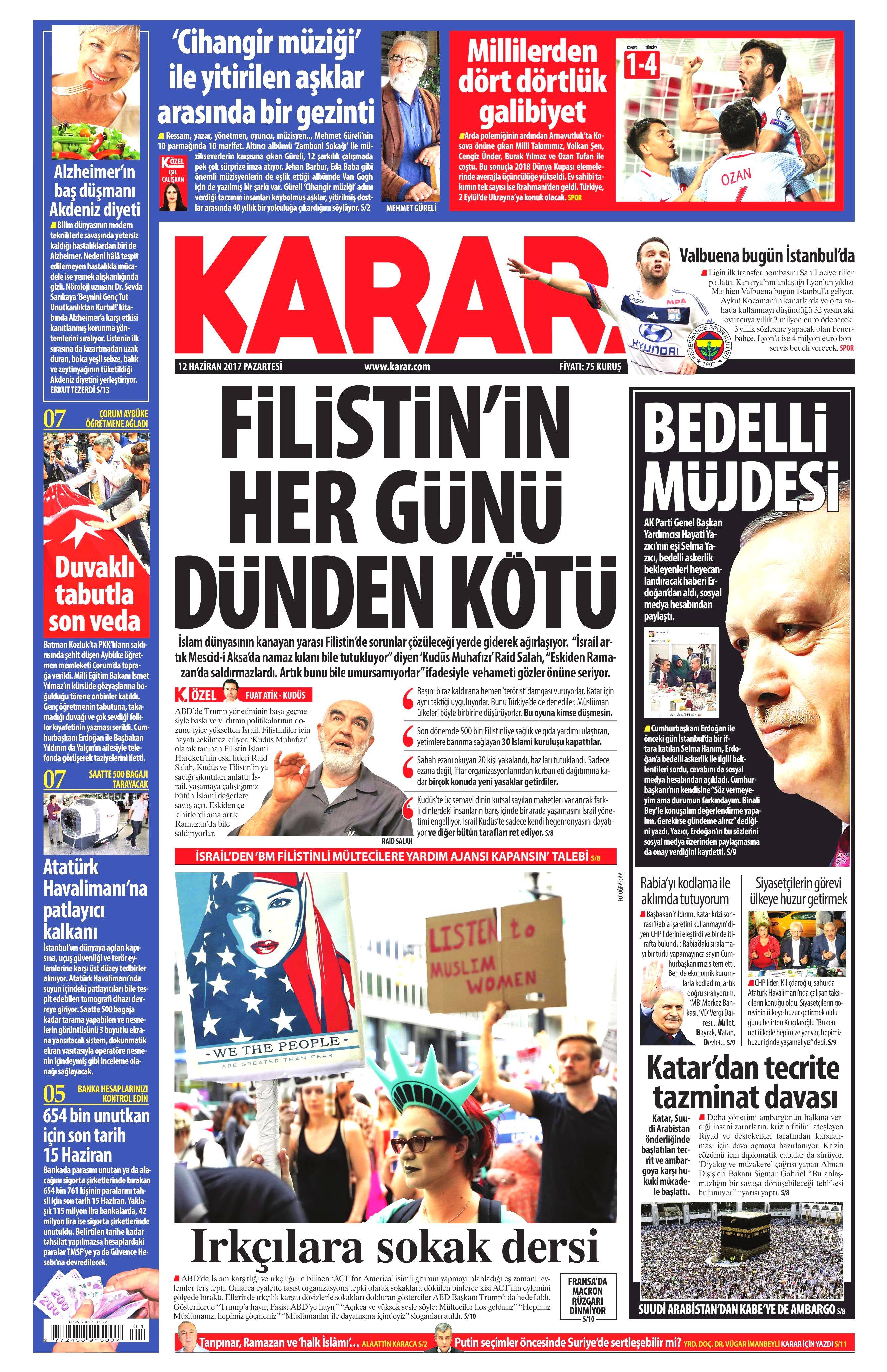 12 Haziran 2017 Pazartesi gazete manşetleri - 12