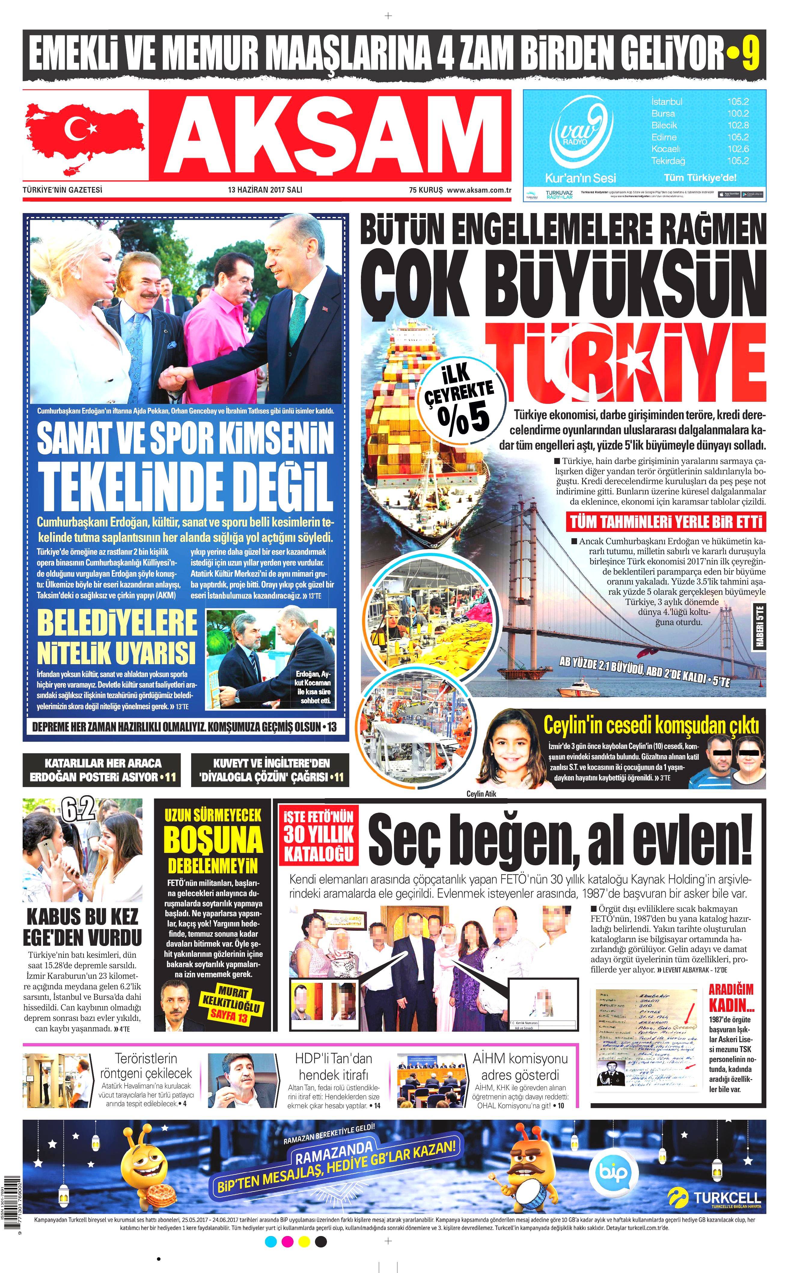 13 Haziran 2017 Salı gazete manşetleri - 1