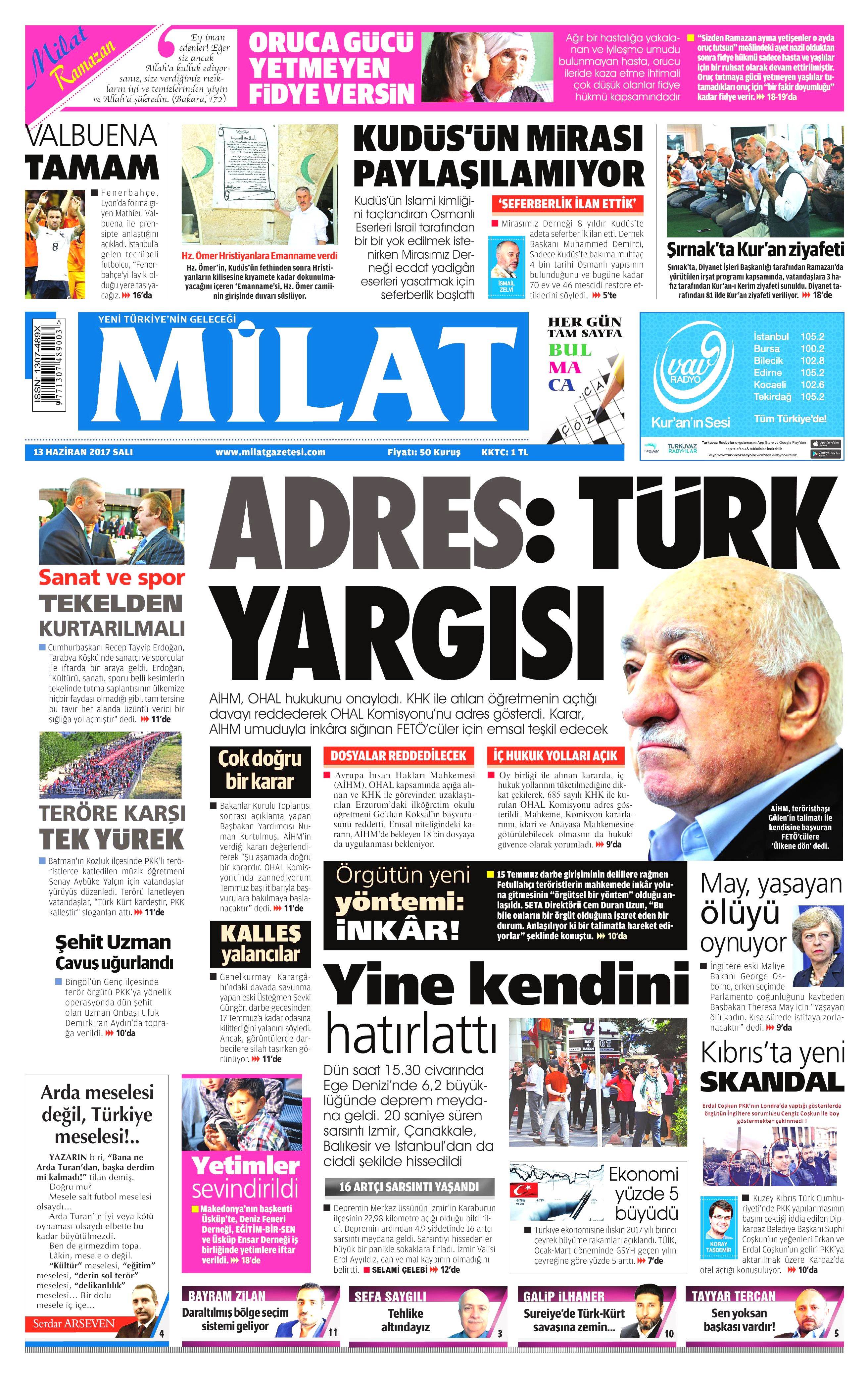 13 Haziran 2017 Salı gazete manşetleri - 7