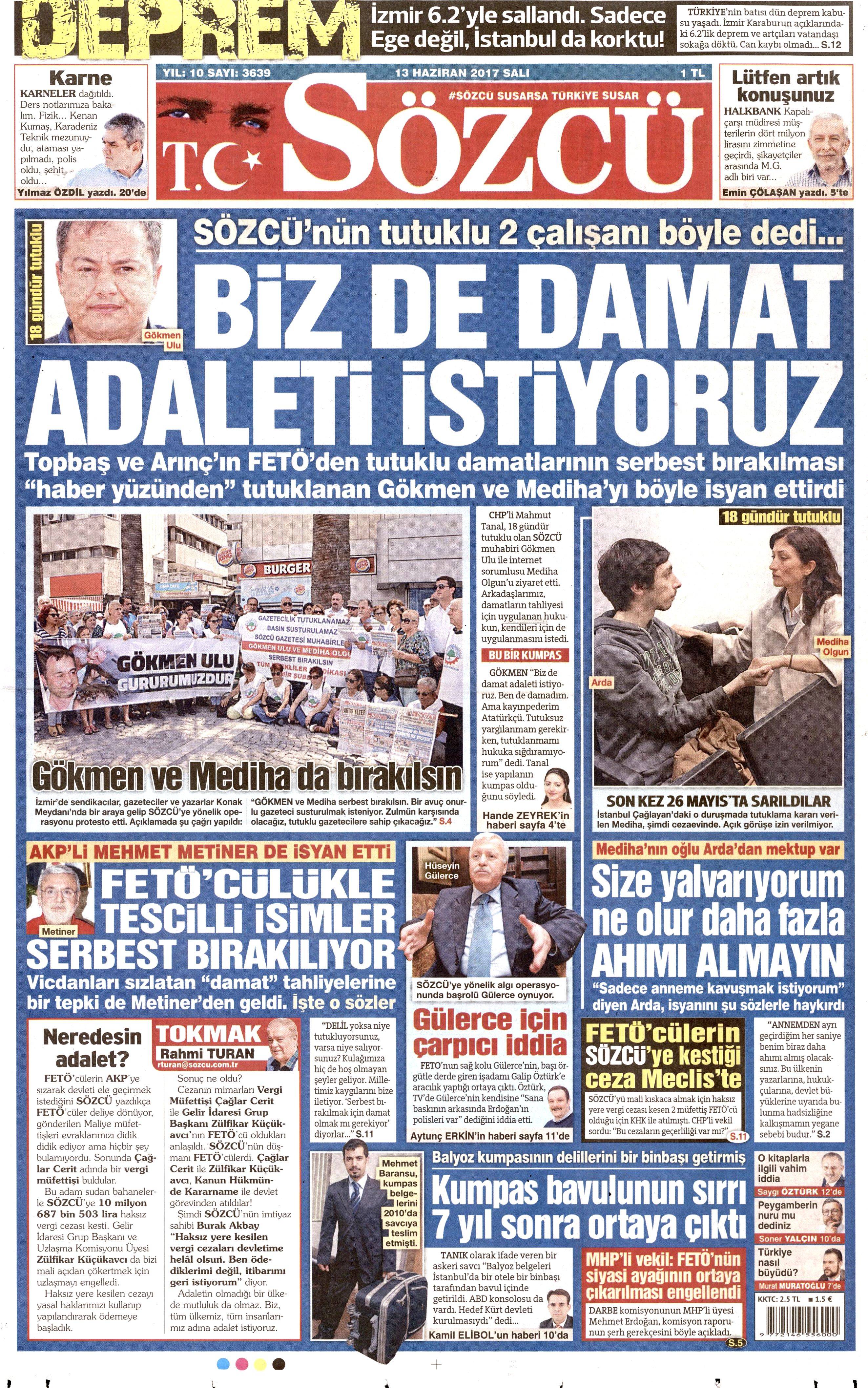 13 Haziran 2017 Salı gazete manşetleri - 8