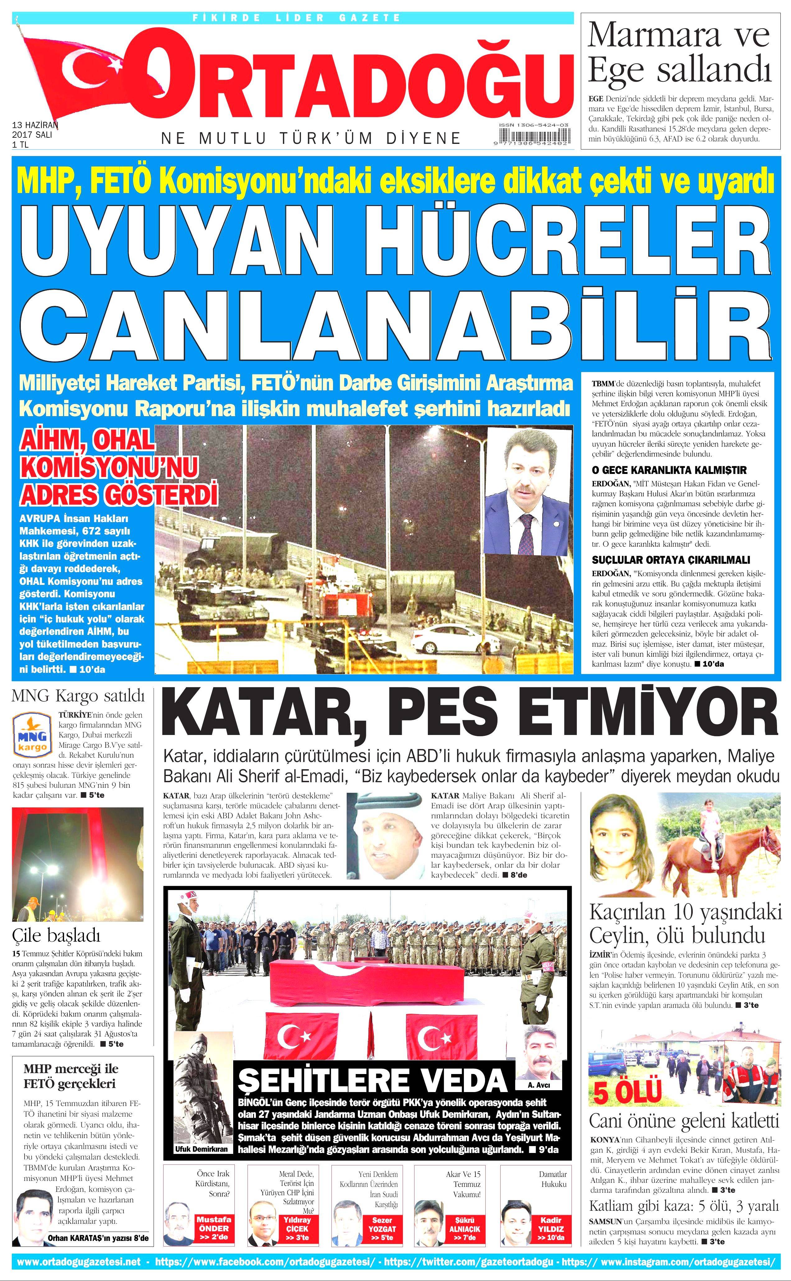 13 Haziran 2017 Salı gazete manşetleri - 13