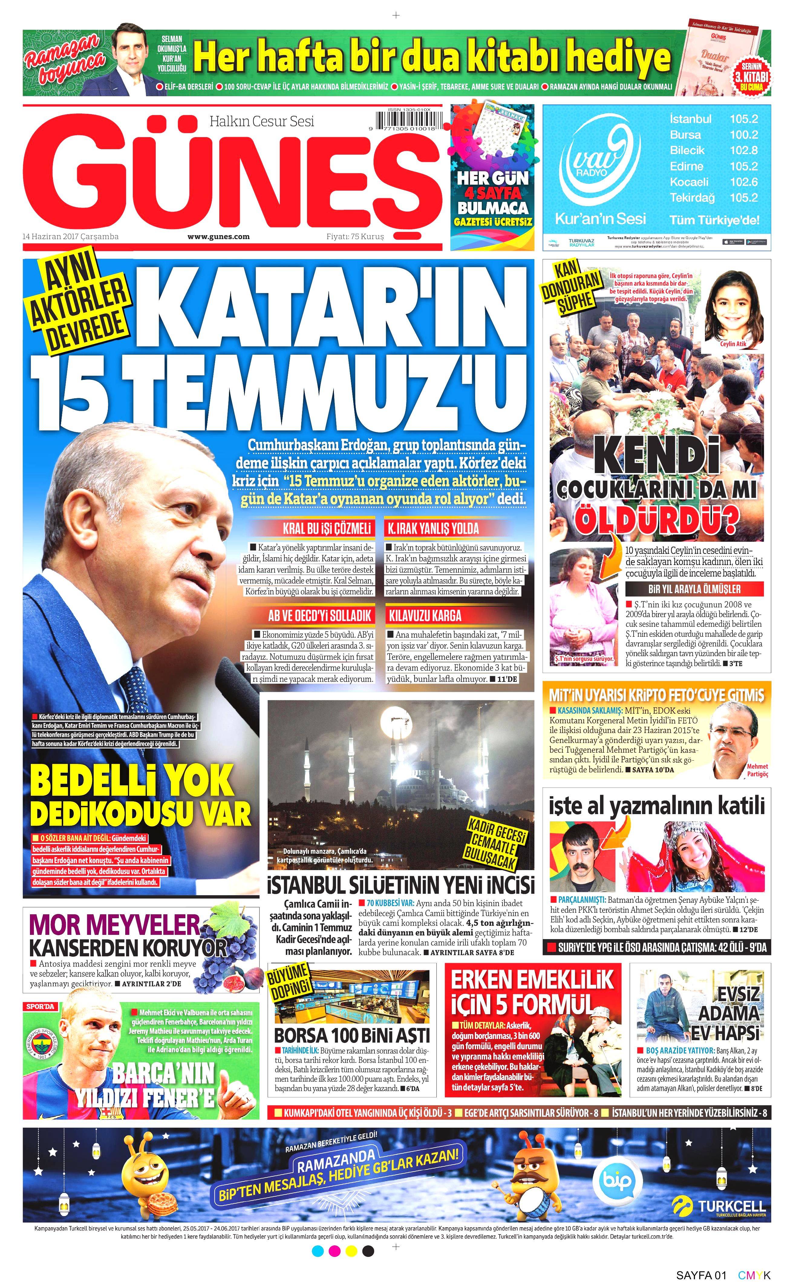 14 Haziran 2017 Çarşamba gazete manşetleri - 8