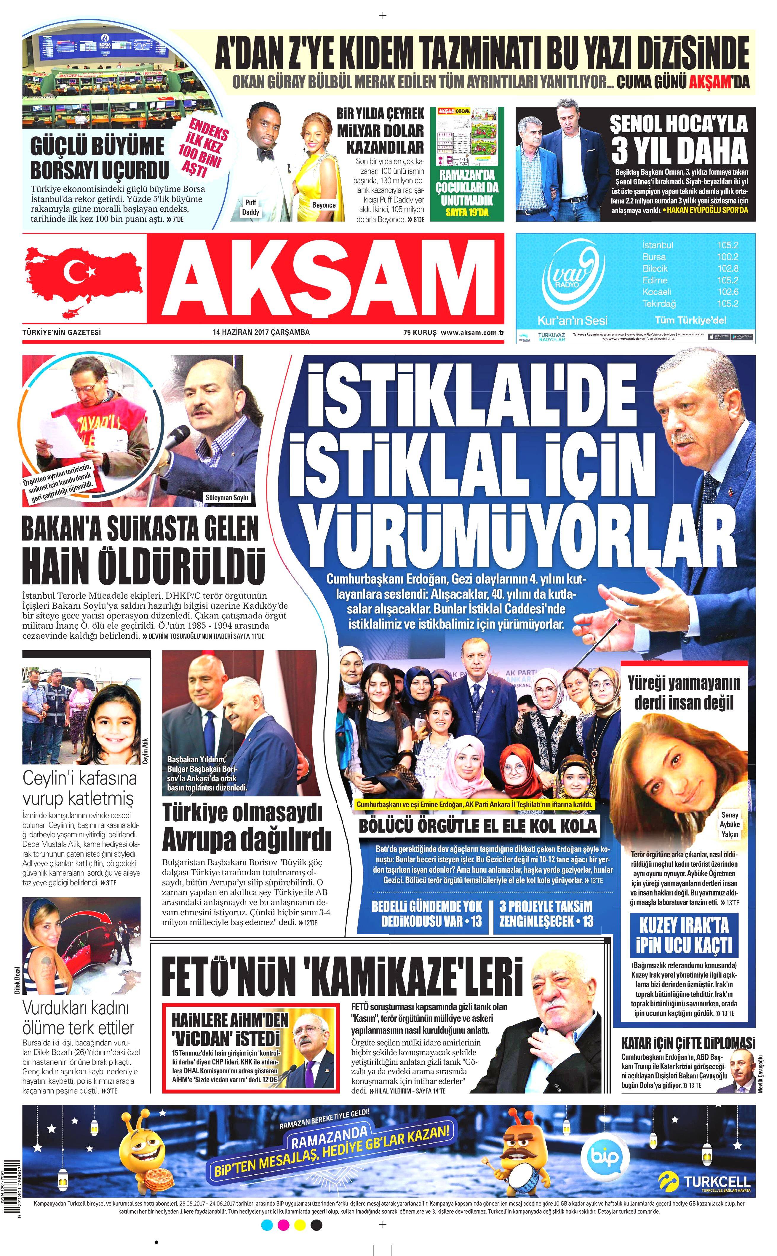 14 Haziran 2017 Çarşamba gazete manşetleri - 1