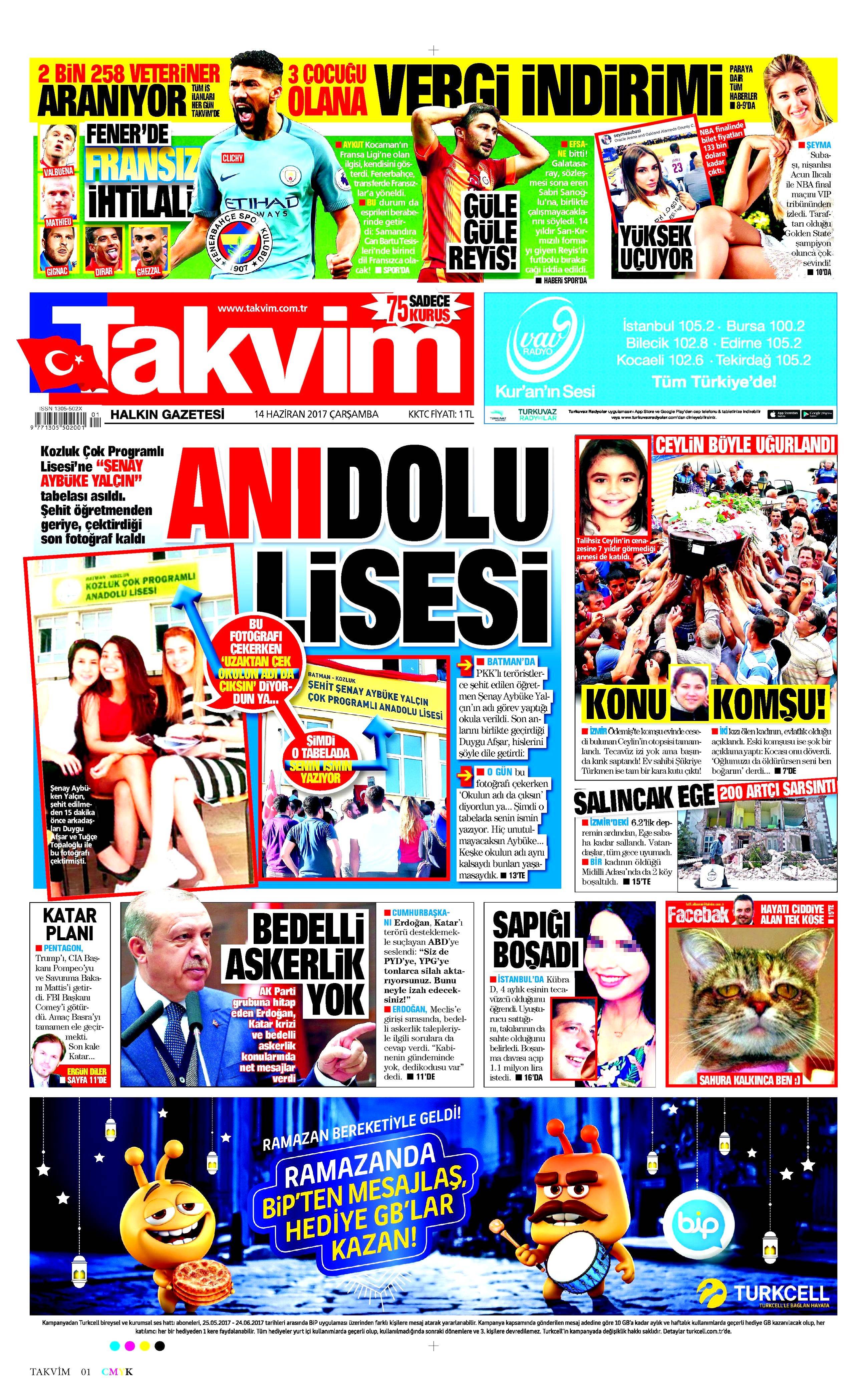 14 Haziran 2017 Çarşamba gazete manşetleri - 21