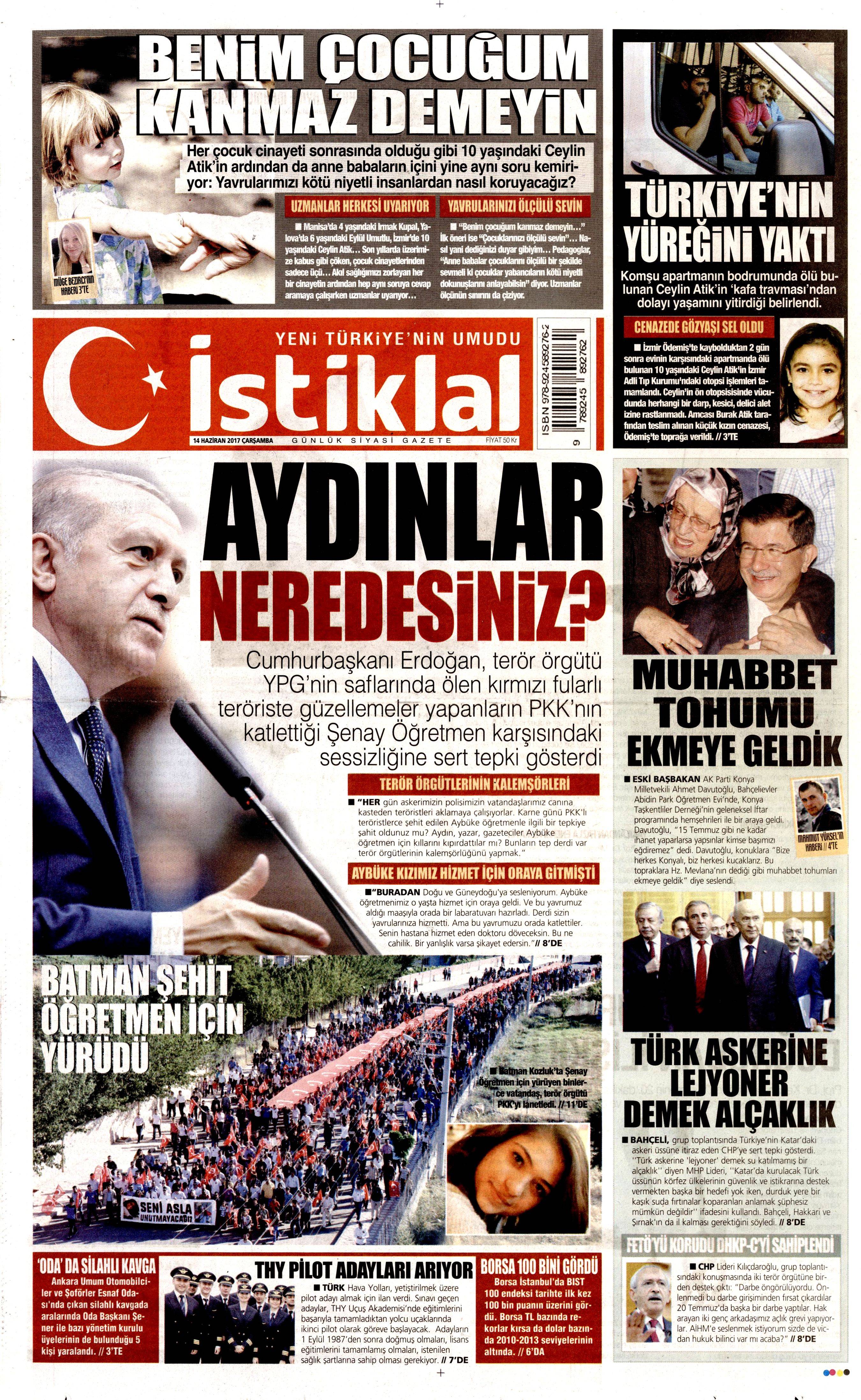 14 Haziran 2017 Çarşamba gazete manşetleri - 11