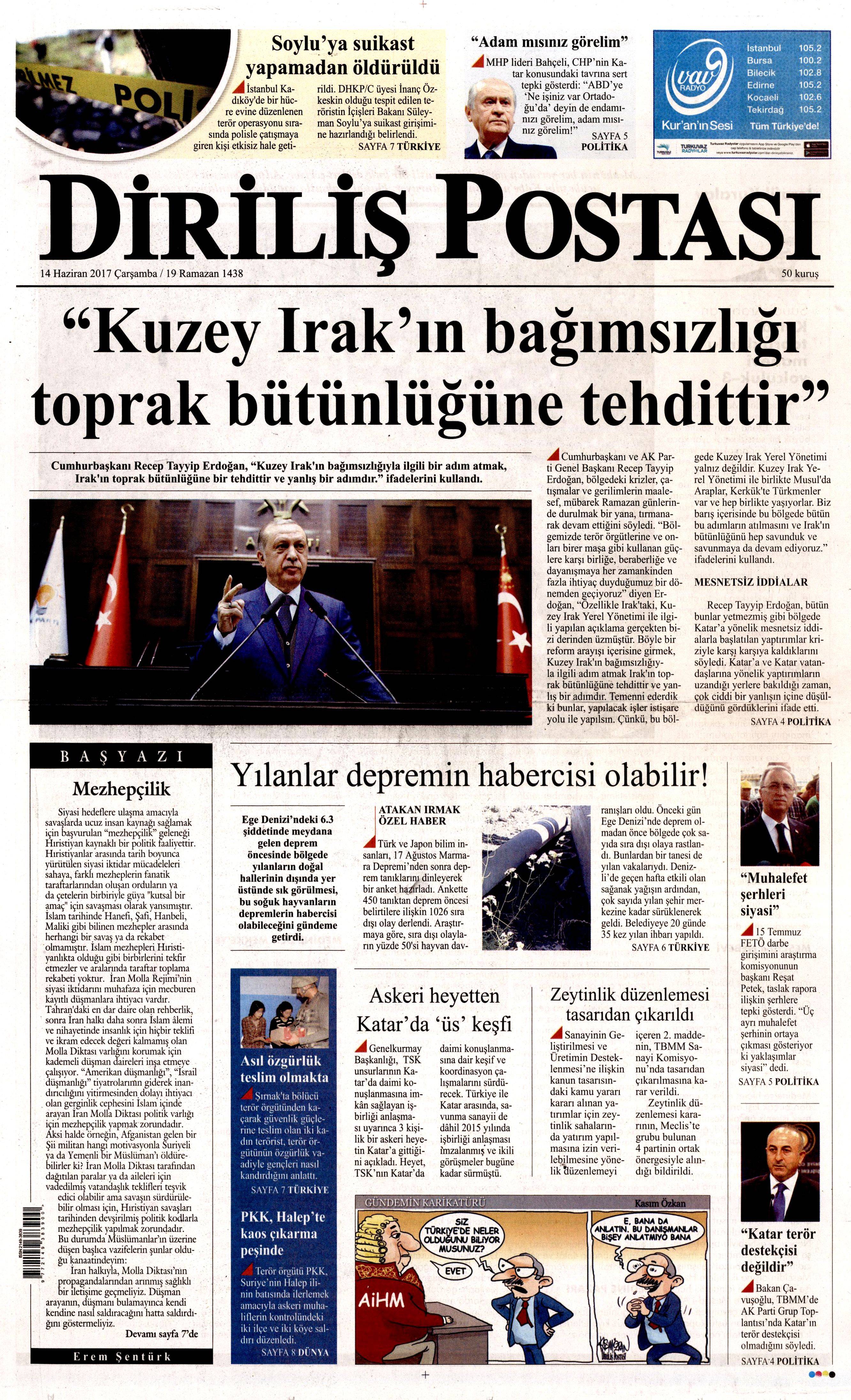 14 Haziran 2017 Çarşamba gazete manşetleri - 6