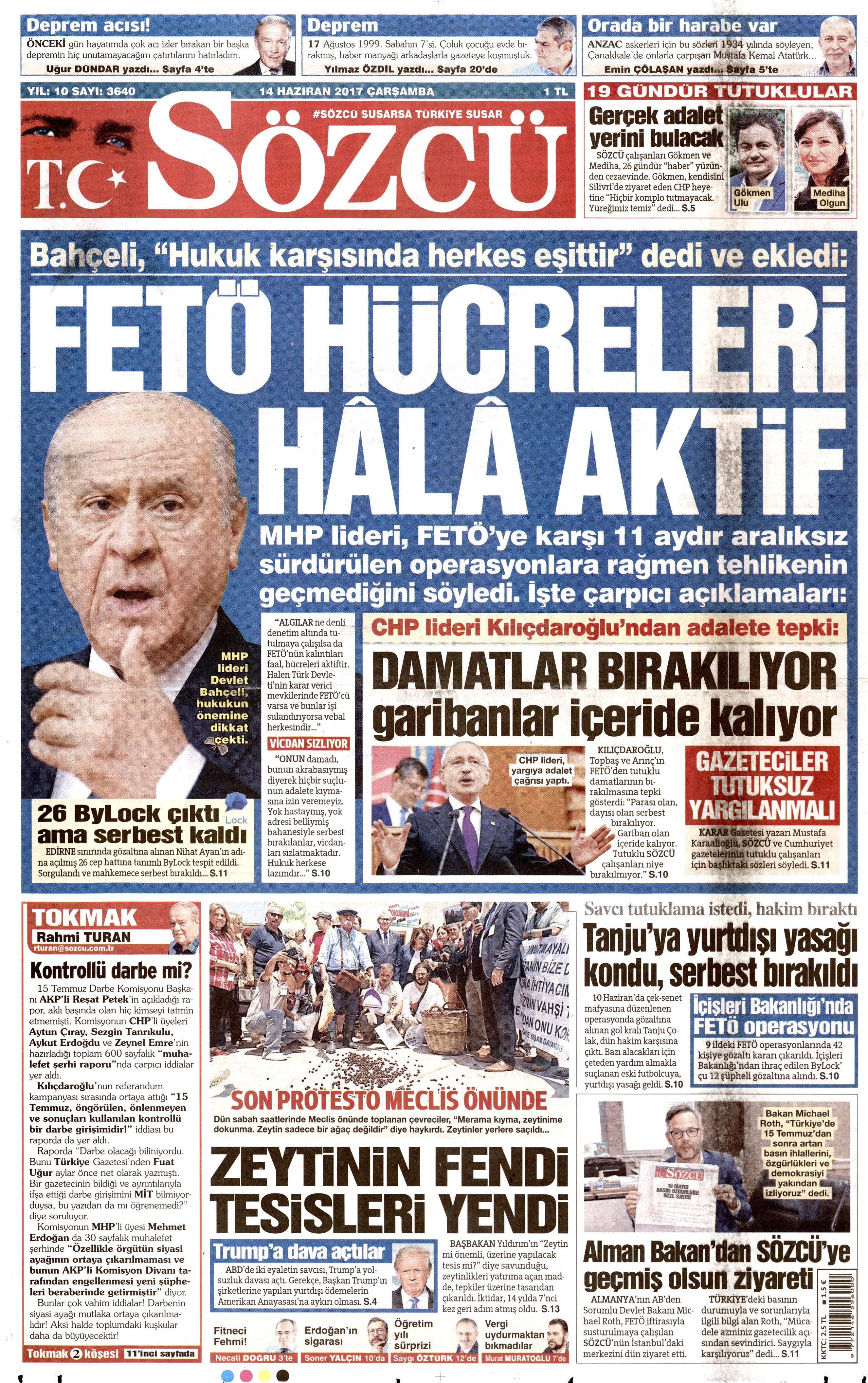 14 Haziran 2017 Çarşamba gazete manşetleri - 19