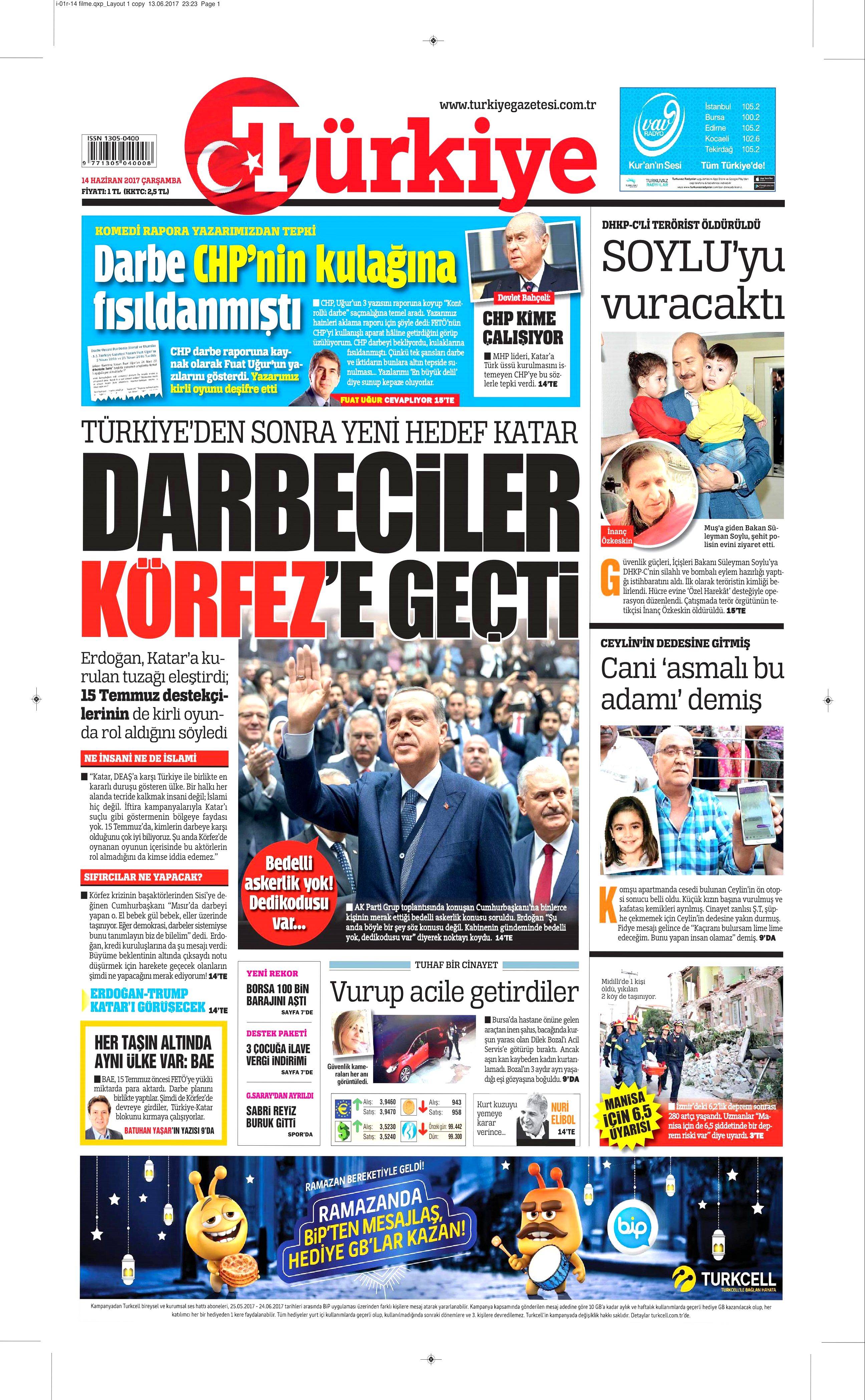 14 Haziran 2017 Çarşamba gazete manşetleri - 22