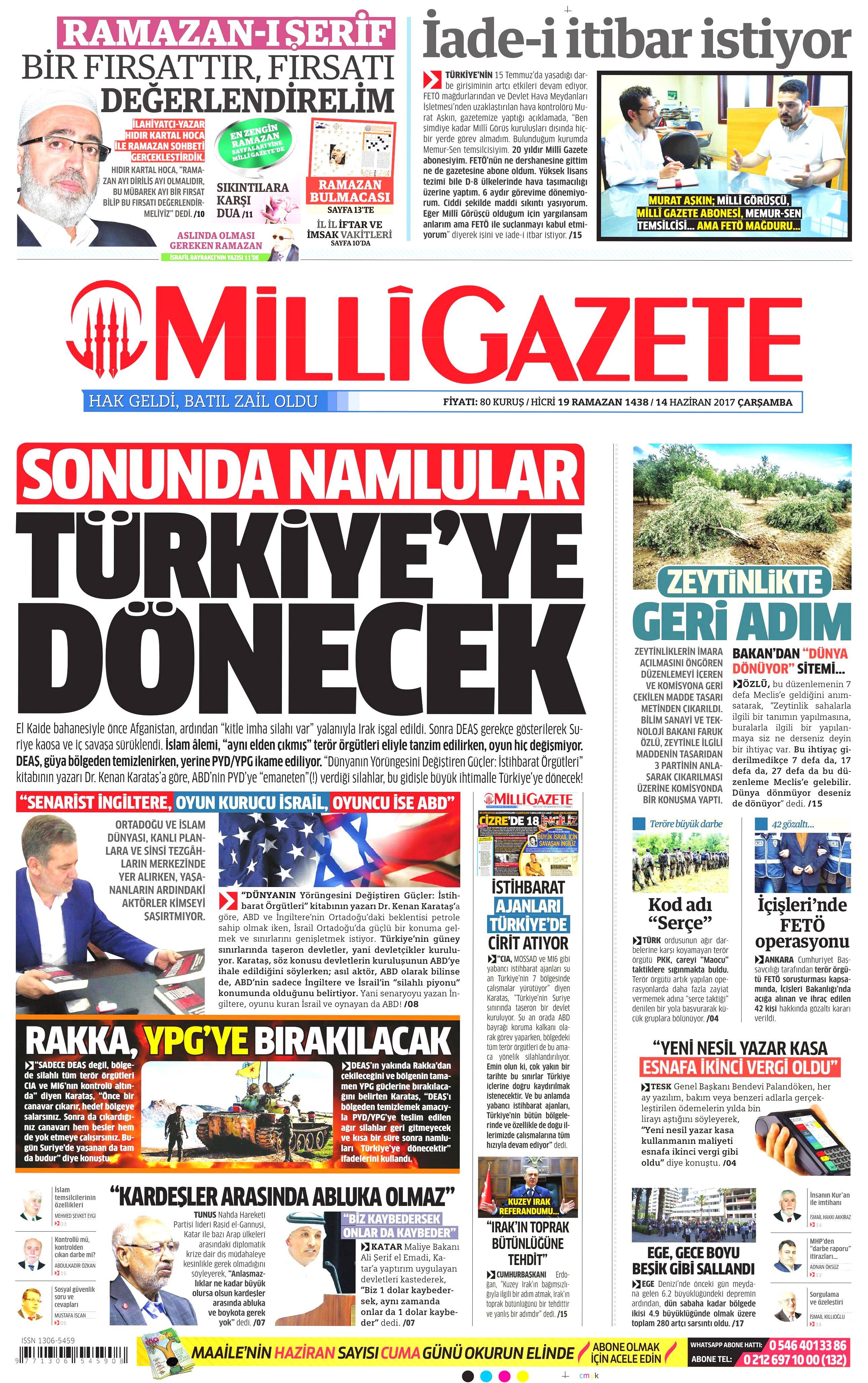 14 Haziran 2017 Çarşamba gazete manşetleri - 14