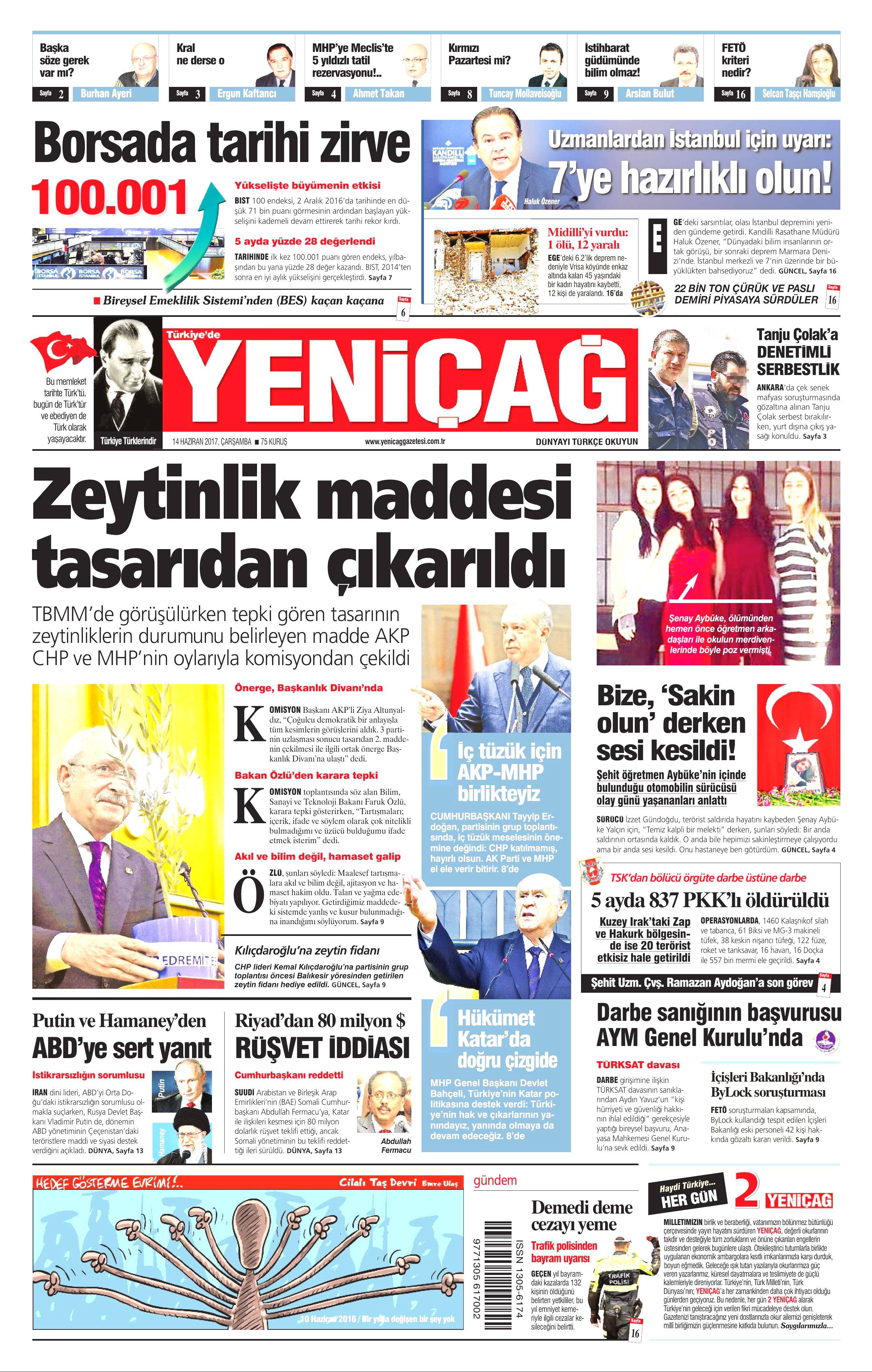 14 Haziran 2017 Çarşamba gazete manşetleri - 26