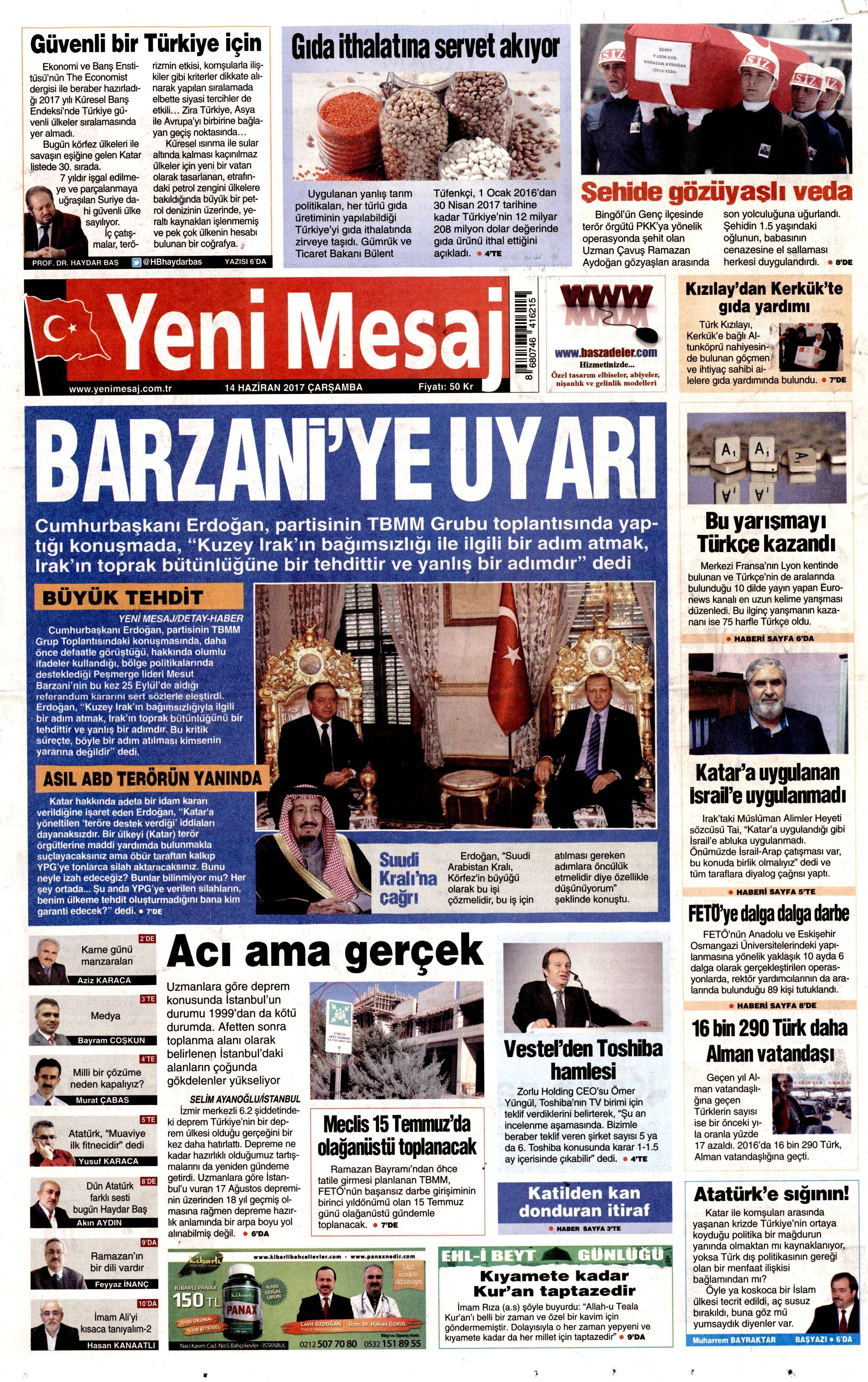 14 Haziran 2017 Çarşamba gazete manşetleri - 27