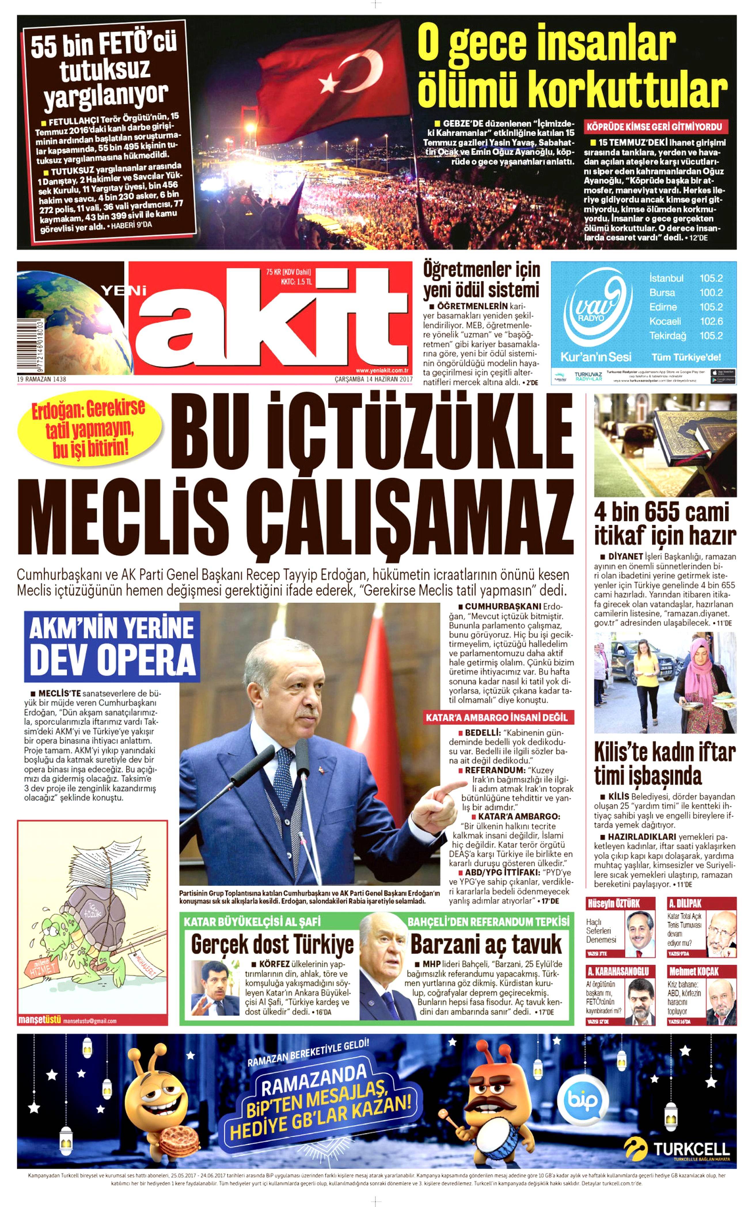 14 Haziran 2017 Çarşamba gazete manşetleri - 2