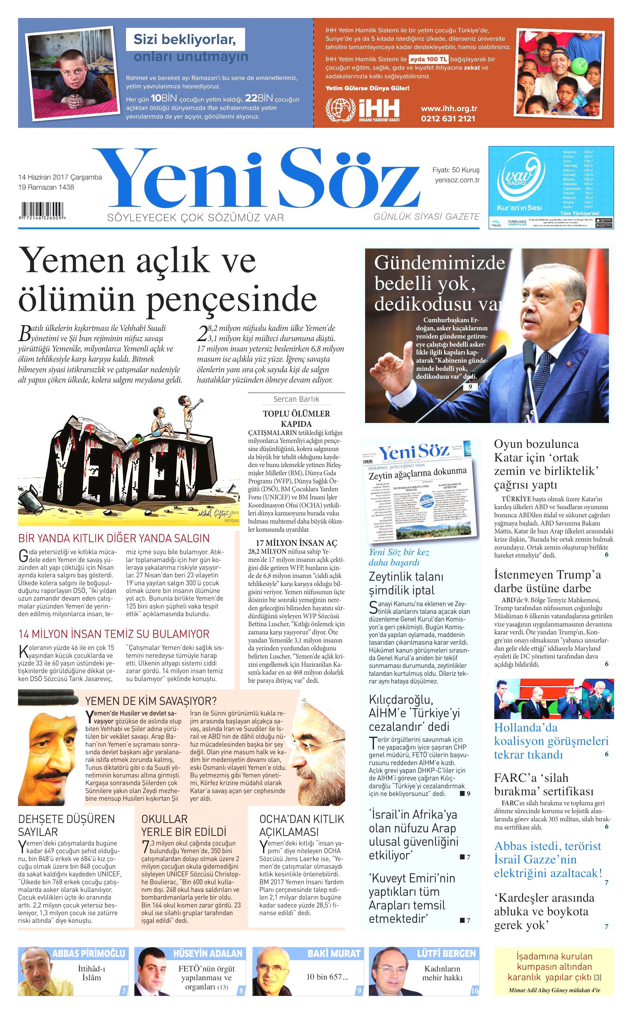 14 Haziran 2017 Çarşamba gazete manşetleri - 28