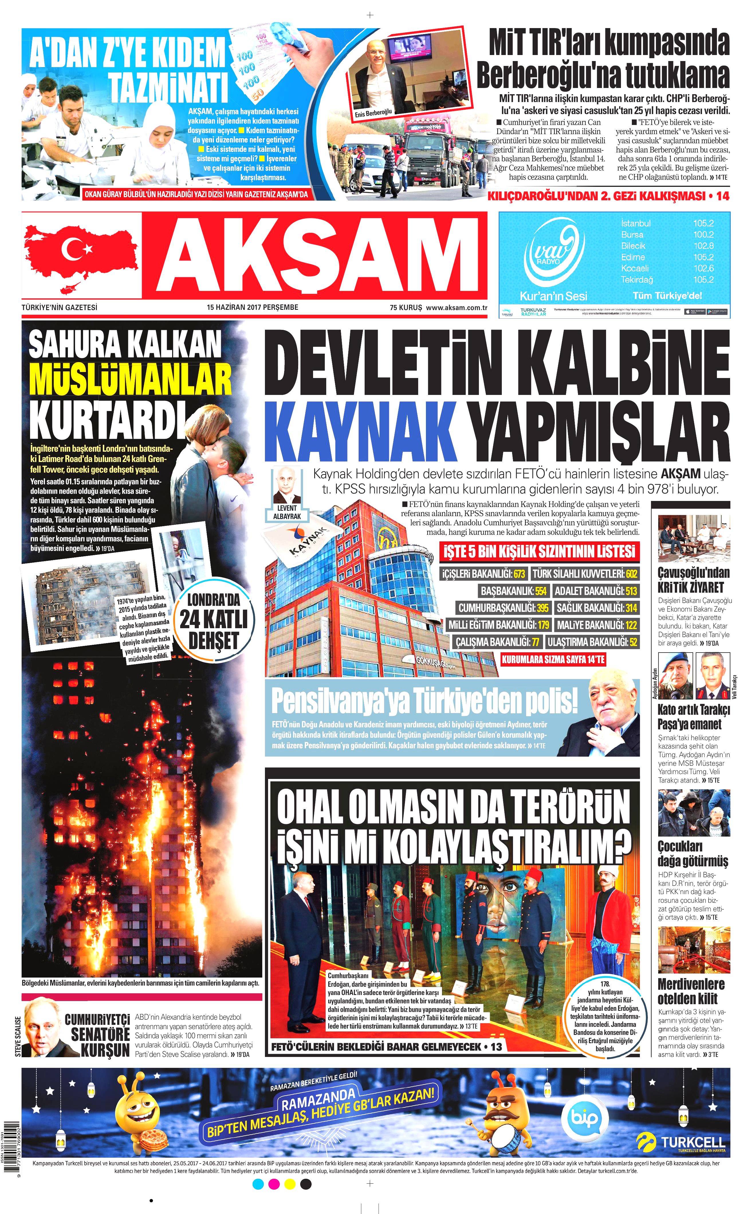 15 Haziran 2017 Perşembe gazete manşetleri - 1