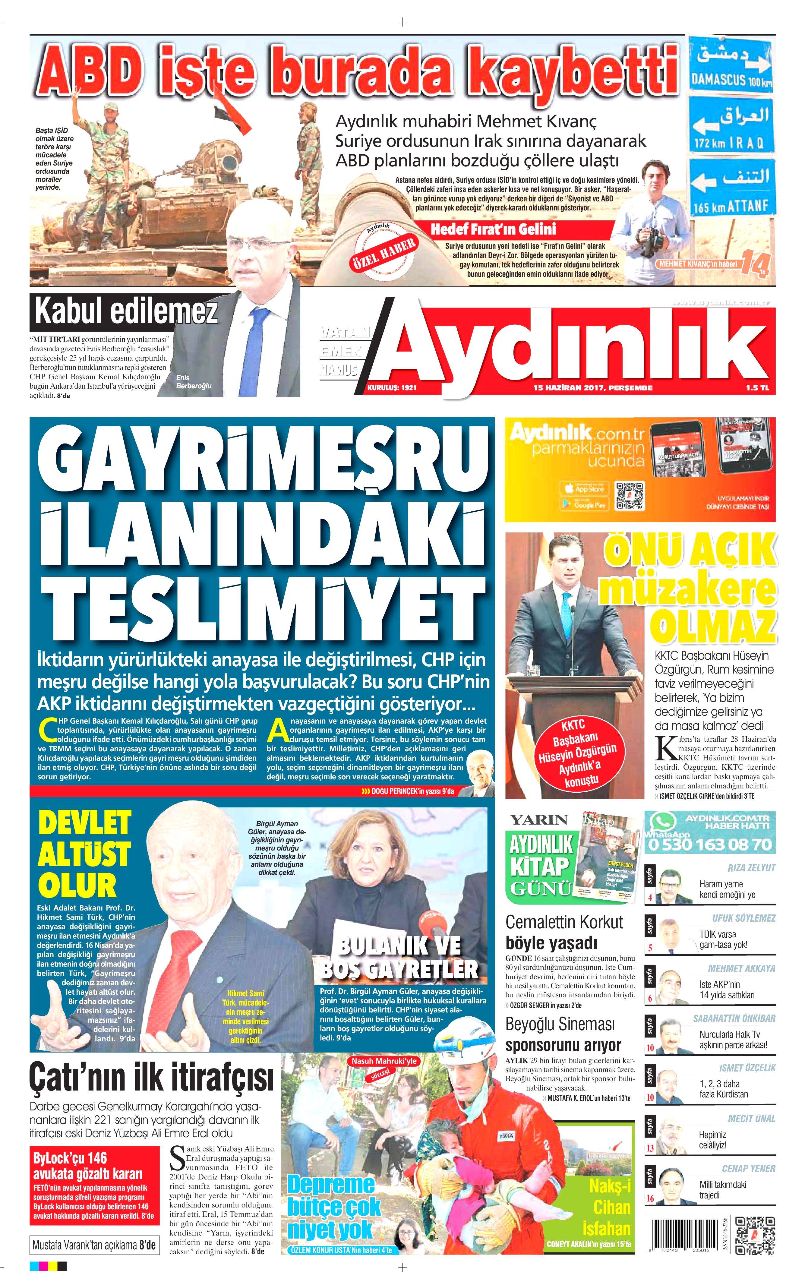 15 Haziran 2017 Perşembe gazete manşetleri - 3