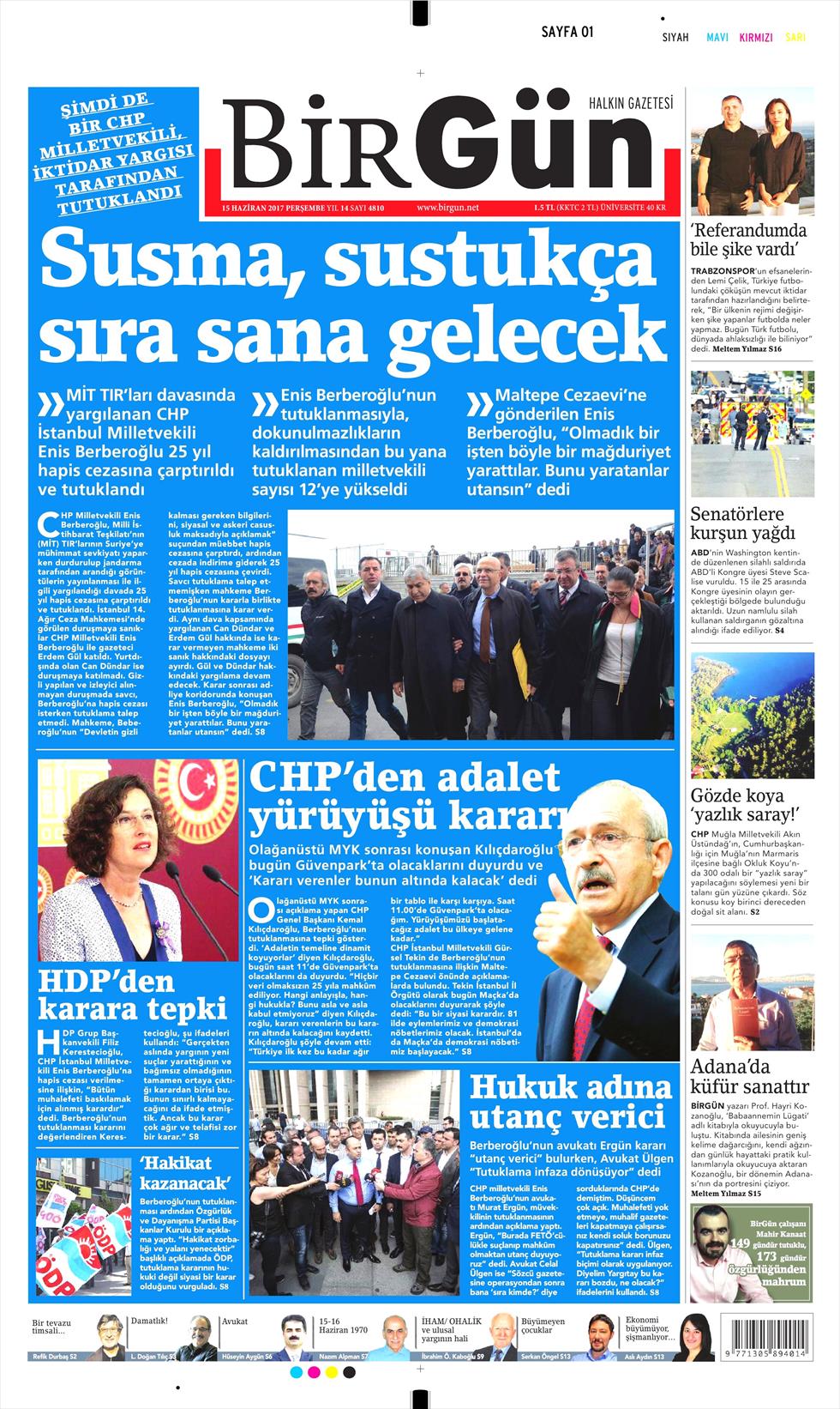 15 Haziran 2017 Perşembe gazete manşetleri - 4