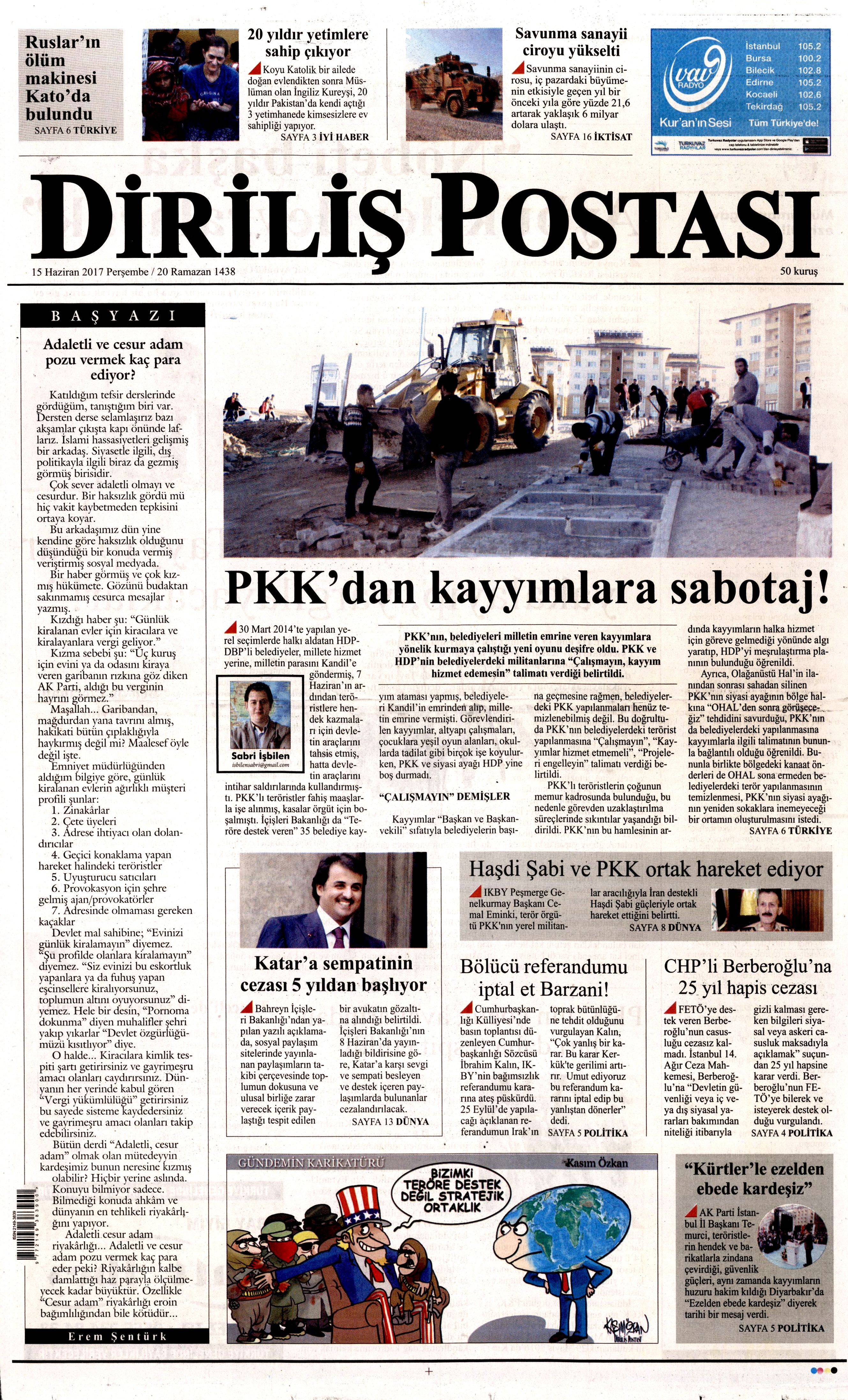 15 Haziran 2017 Perşembe gazete manşetleri - 6