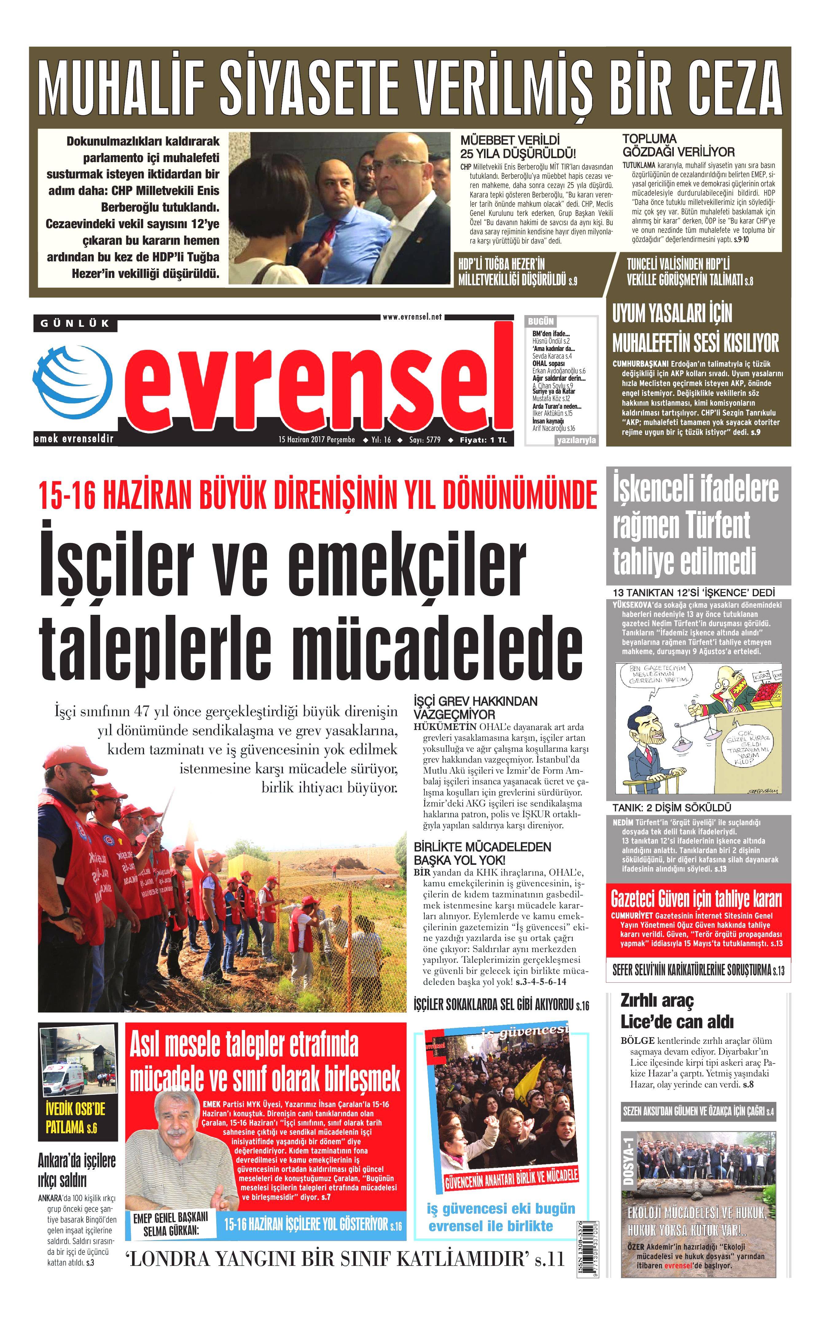 15 Haziran 2017 Perşembe gazete manşetleri - 7