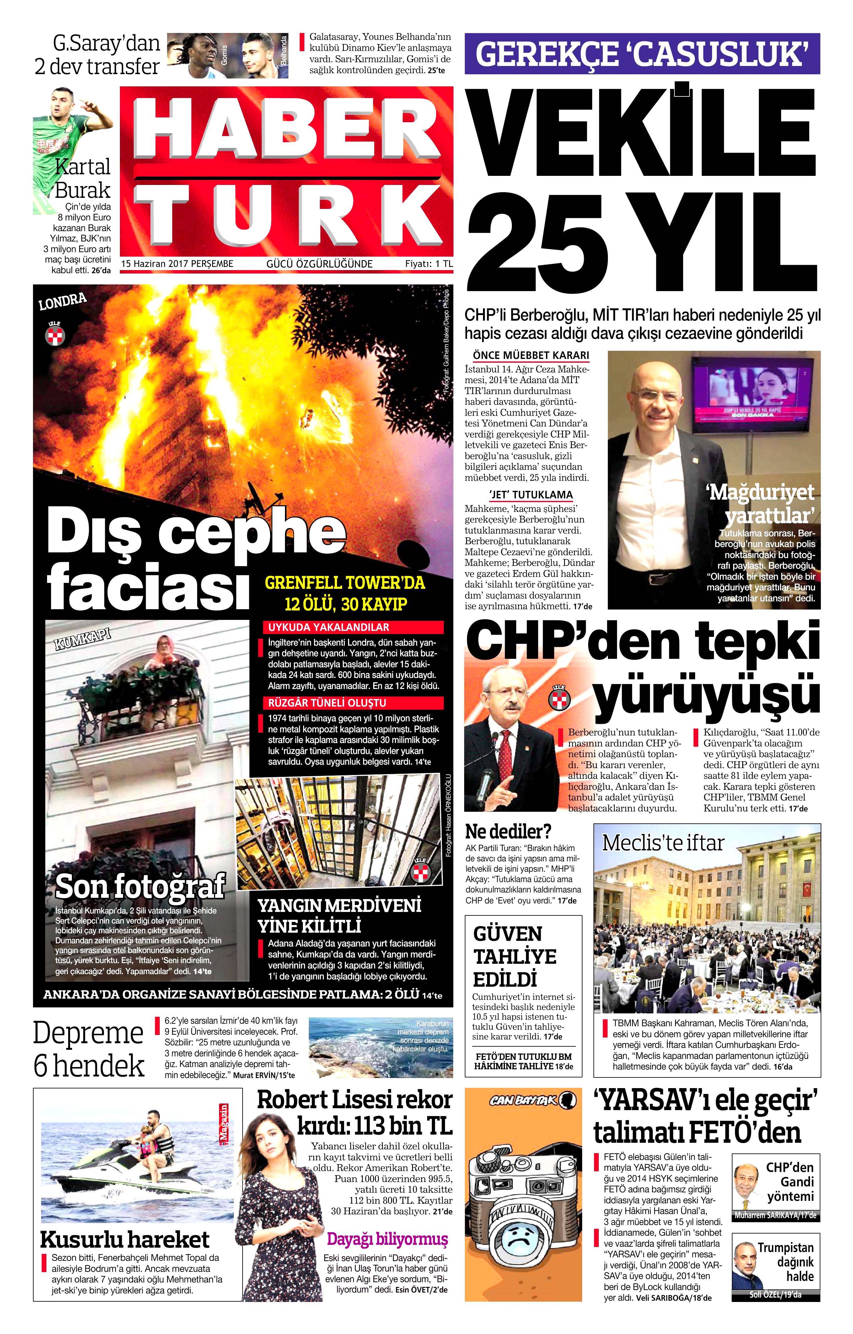15 Haziran 2017 Perşembe gazete manşetleri - 9