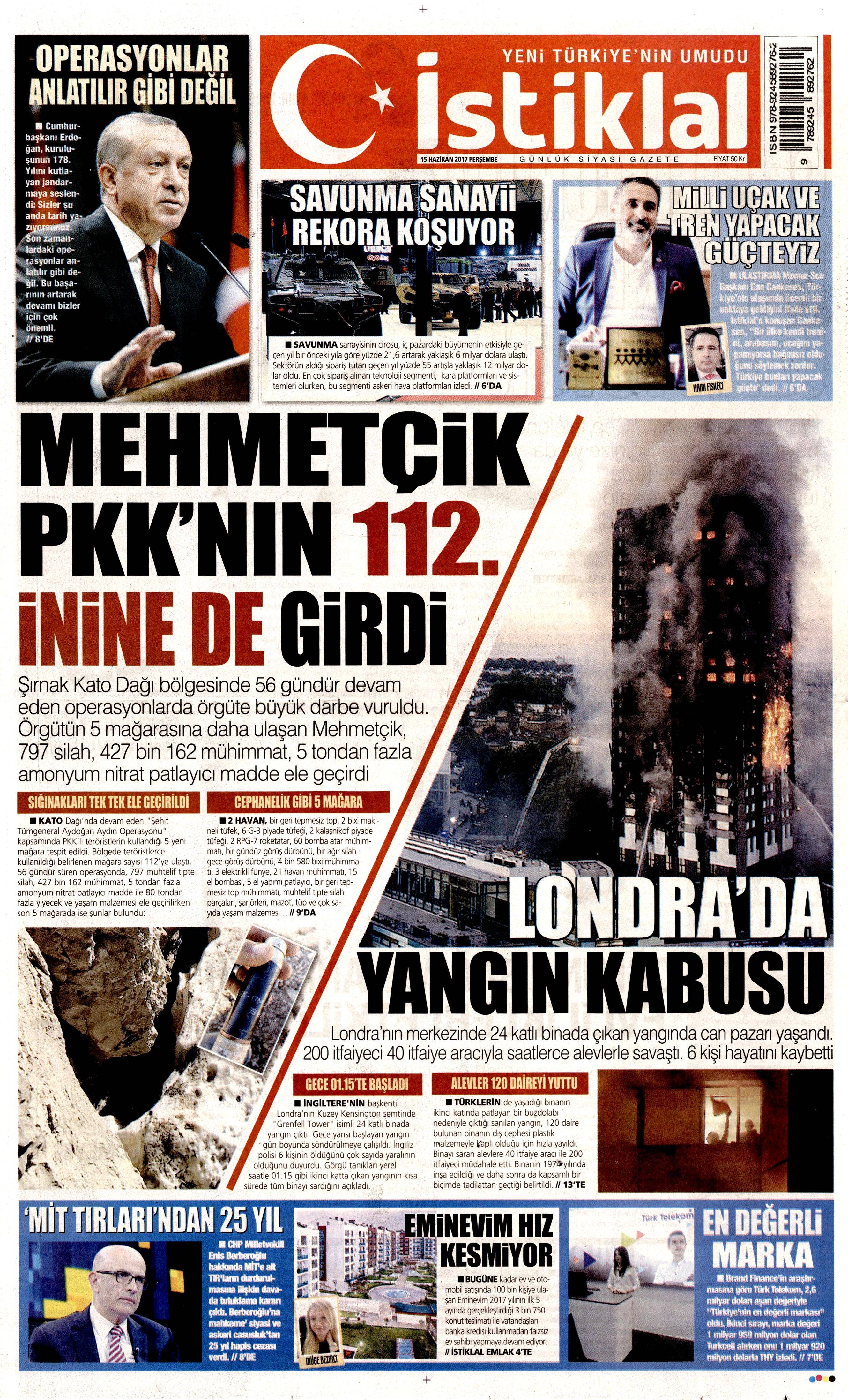 15 Haziran 2017 Perşembe gazete manşetleri - 11