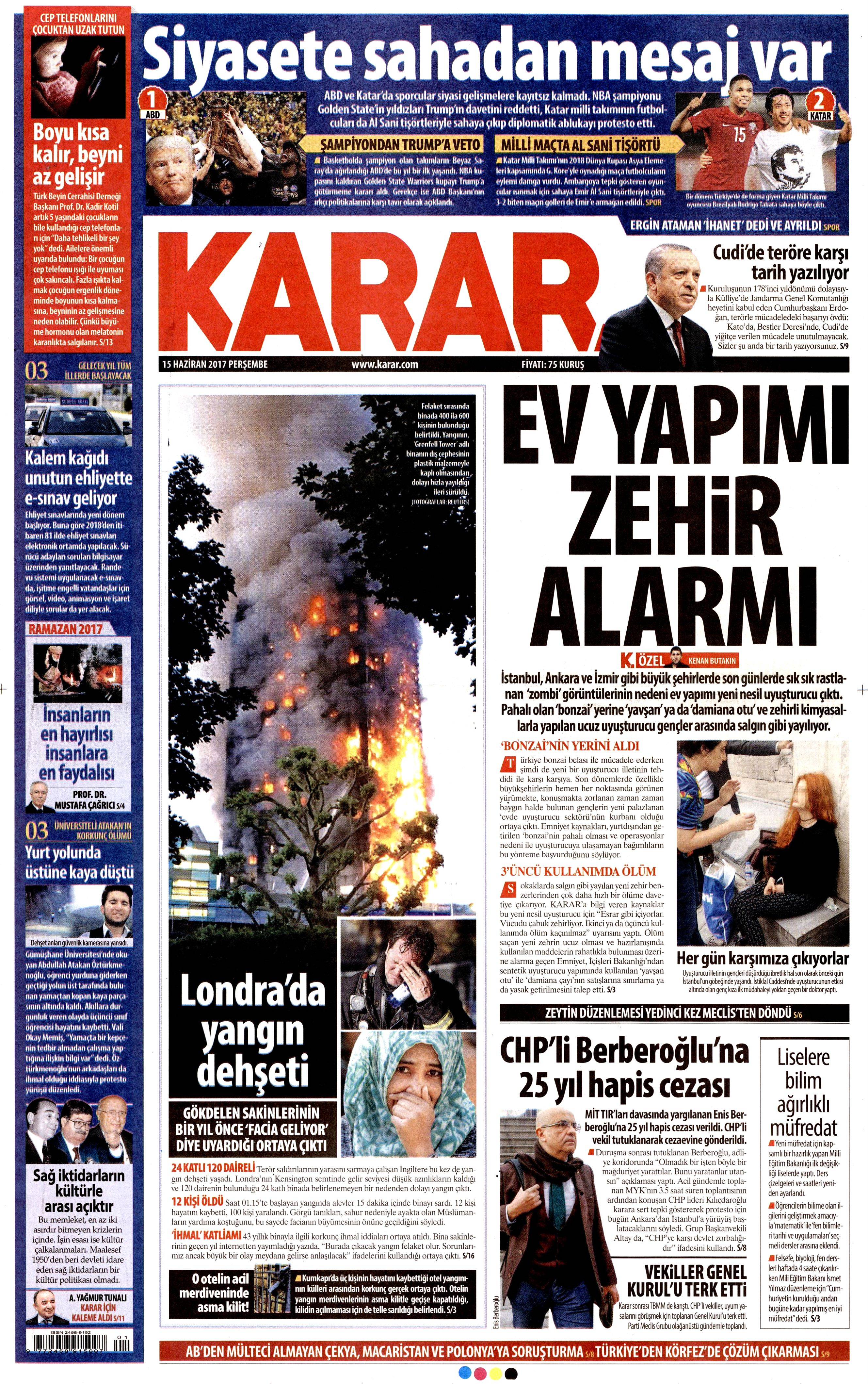 15 Haziran 2017 Perşembe gazete manşetleri - 12