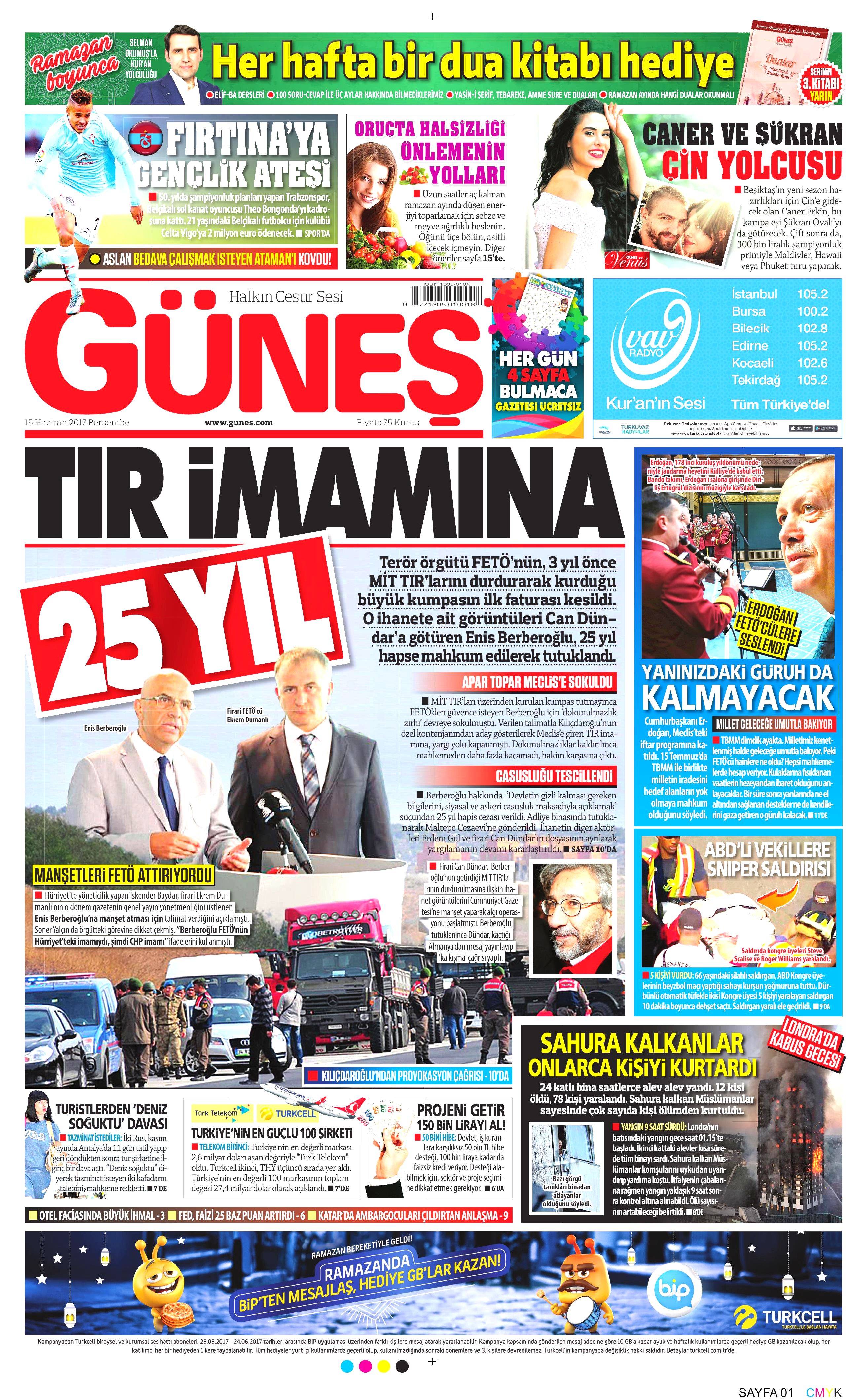 15 Haziran 2017 Perşembe gazete manşetleri - 8