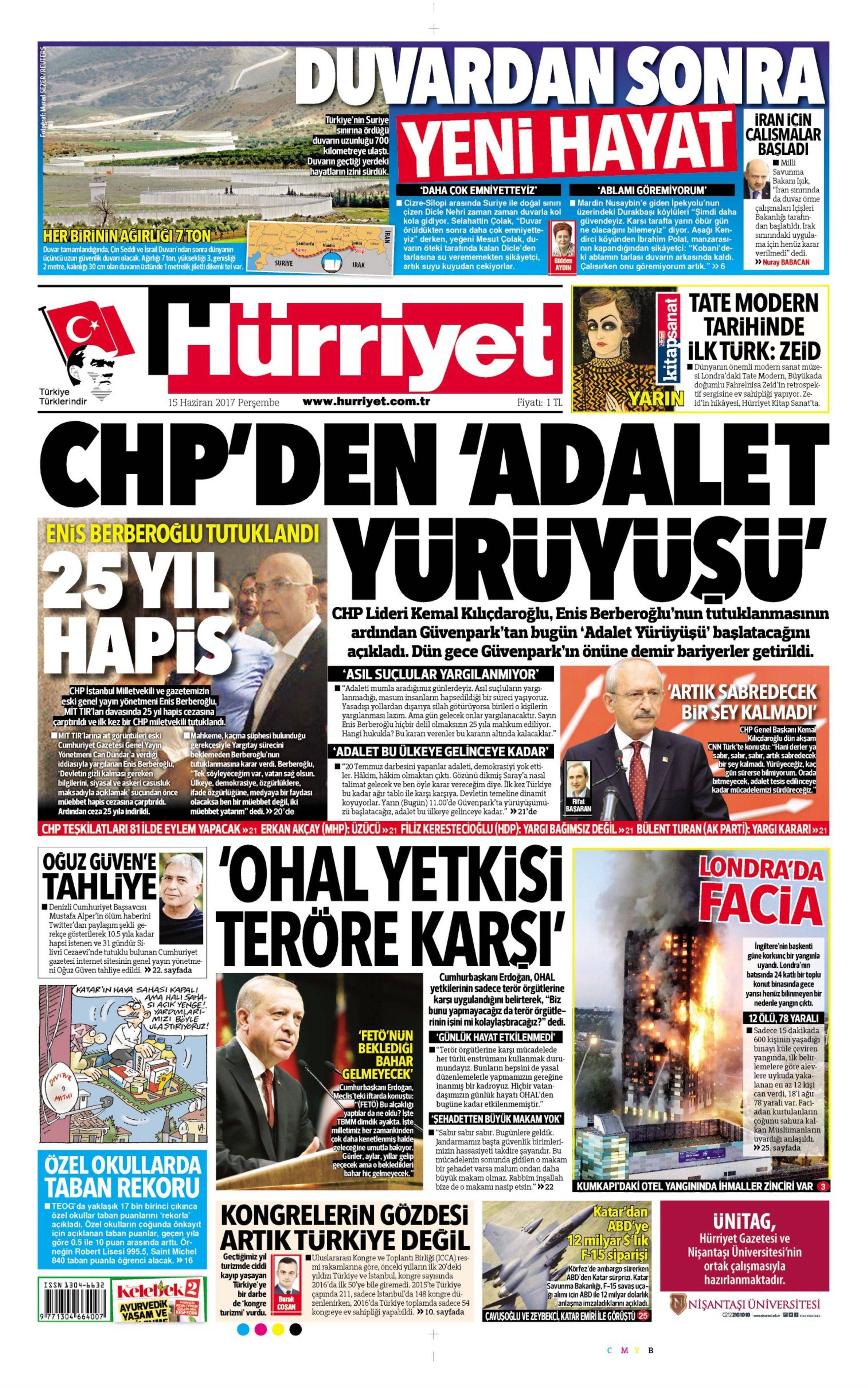 15 Haziran 2017 Perşembe gazete manşetleri - 10