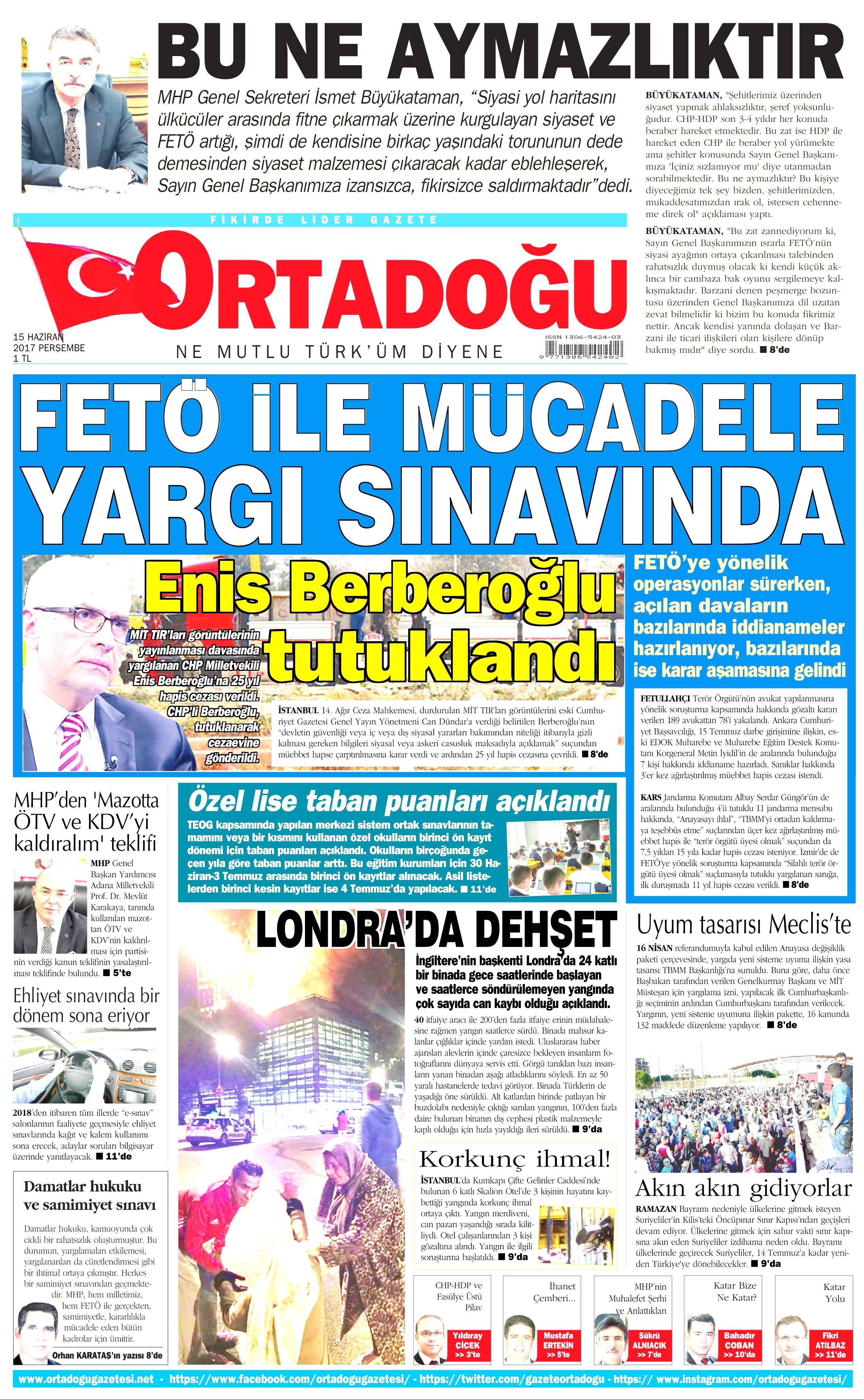 15 Haziran 2017 Perşembe gazete manşetleri - 16