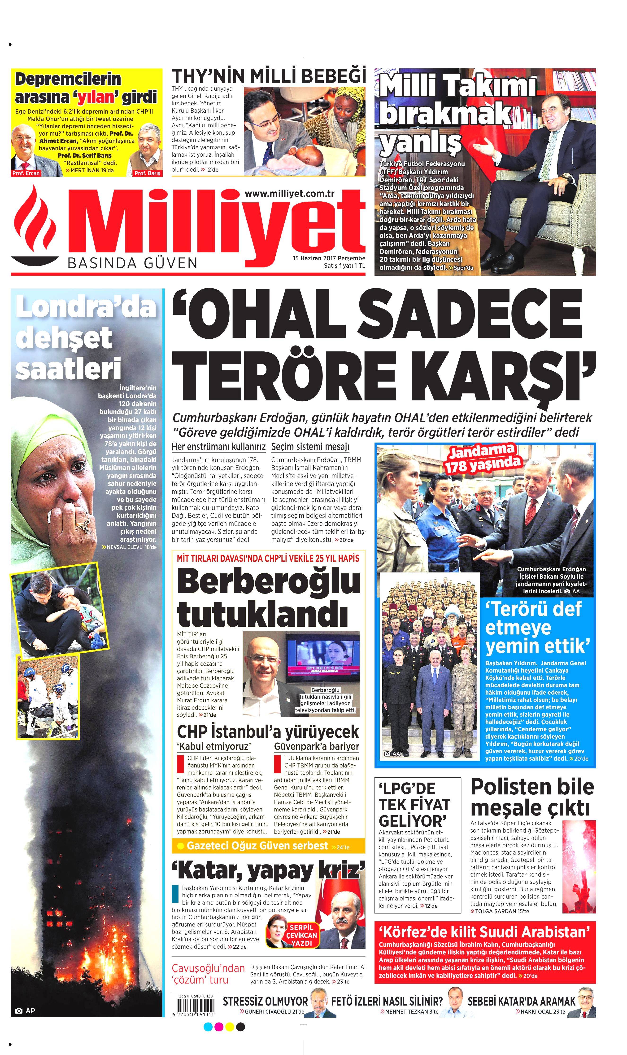 15 Haziran 2017 Perşembe gazete manşetleri - 15