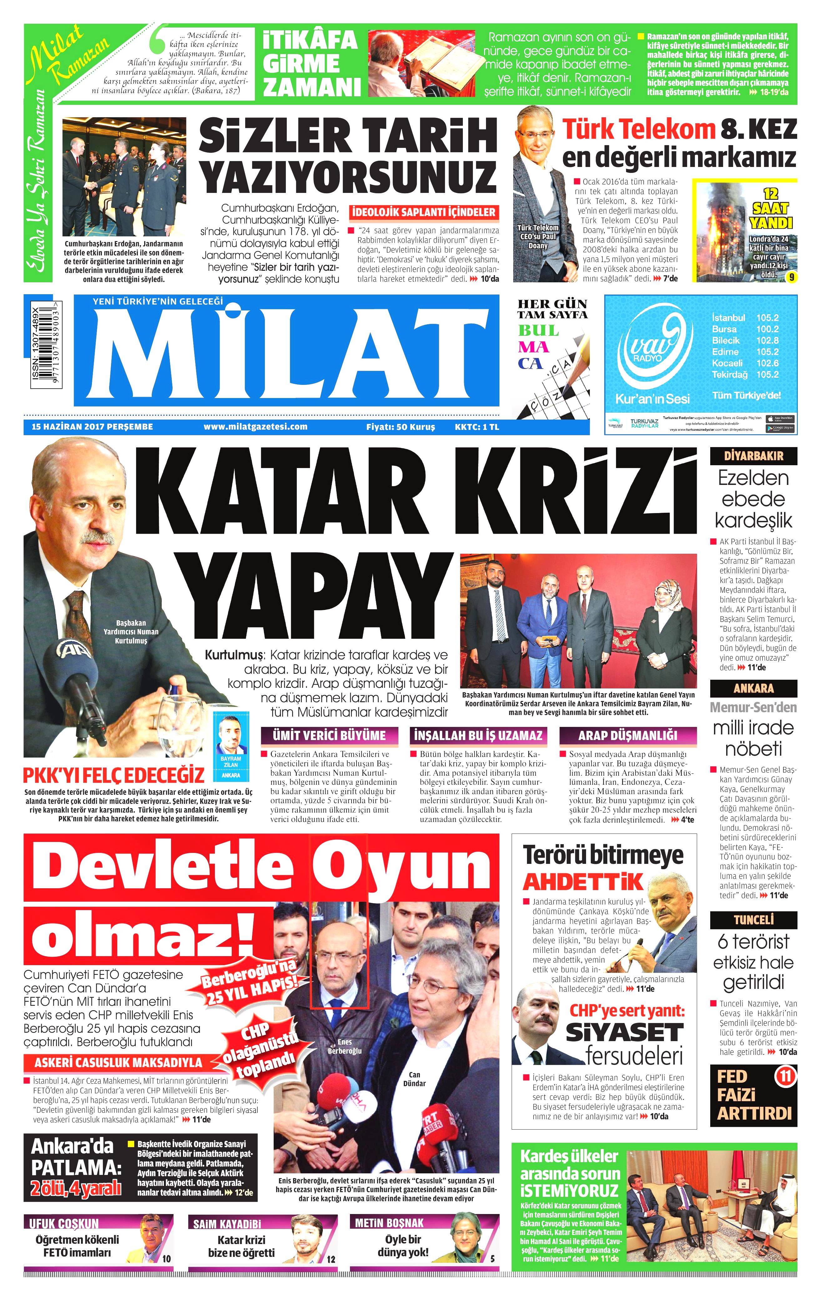 15 Haziran 2017 Perşembe gazete manşetleri - 13